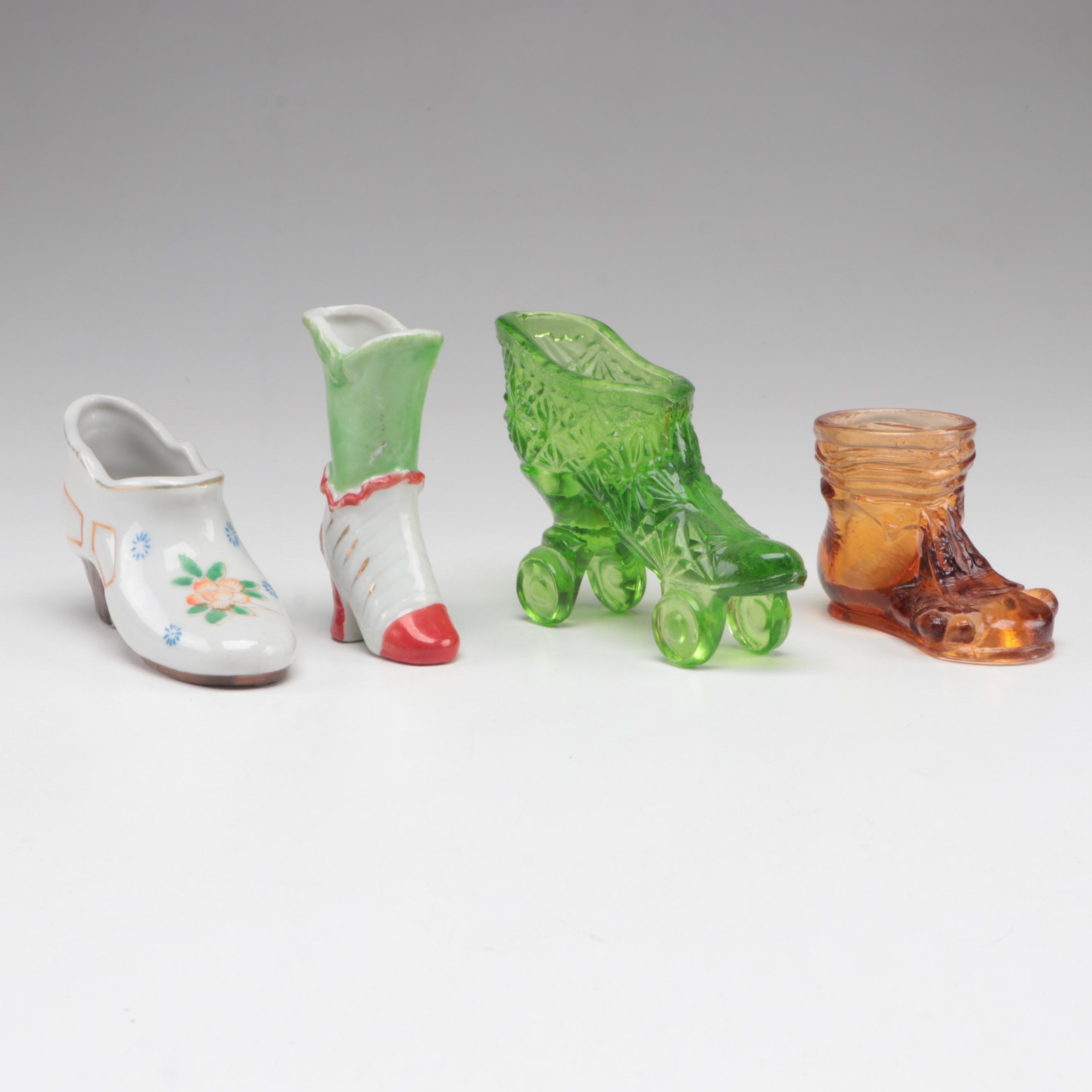 Glass Boot Tankard with Other Shoe Shaped Trinket Dishes and Bottles