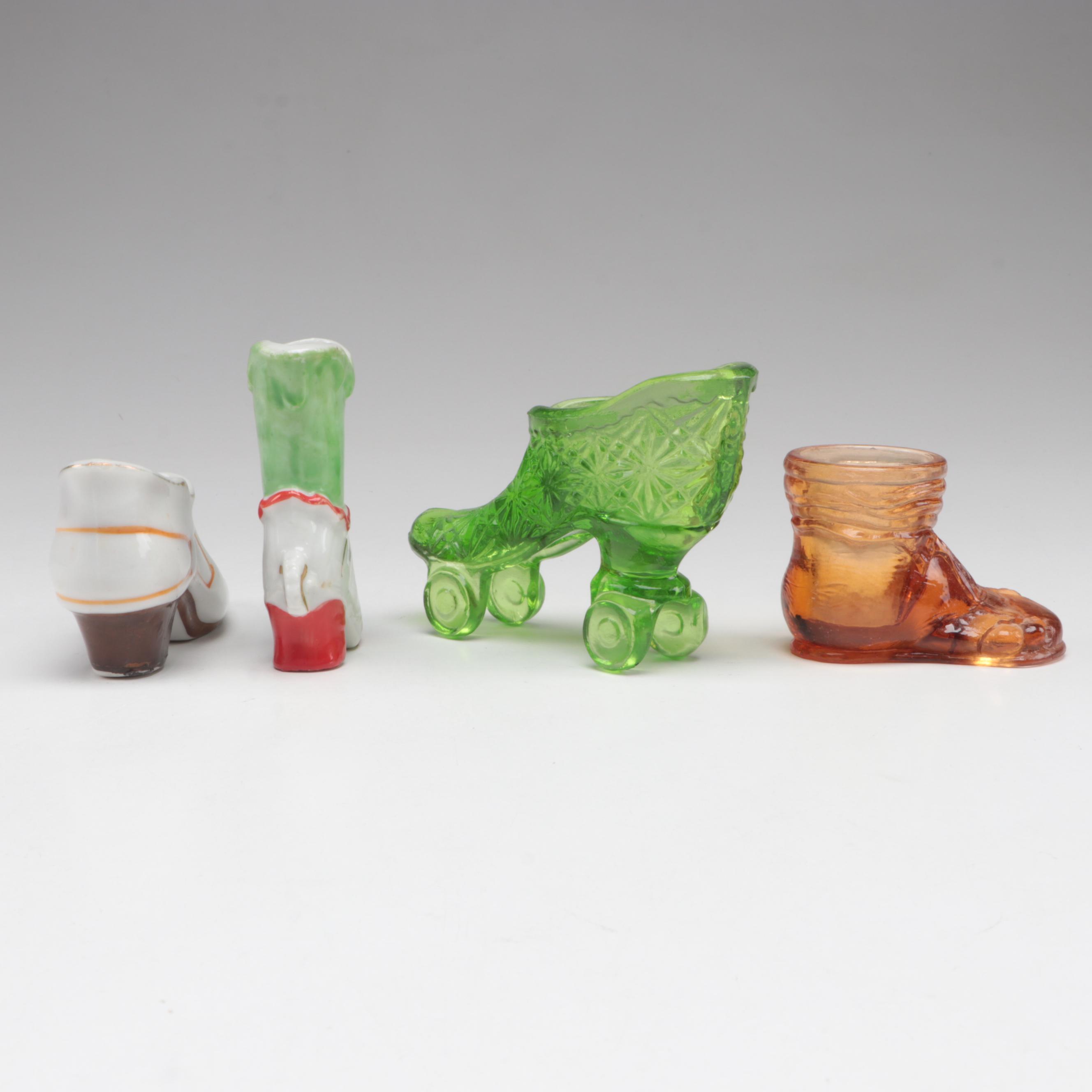 Glass Boot Tankard with Other Shoe Shaped Trinket Dishes and Bottles