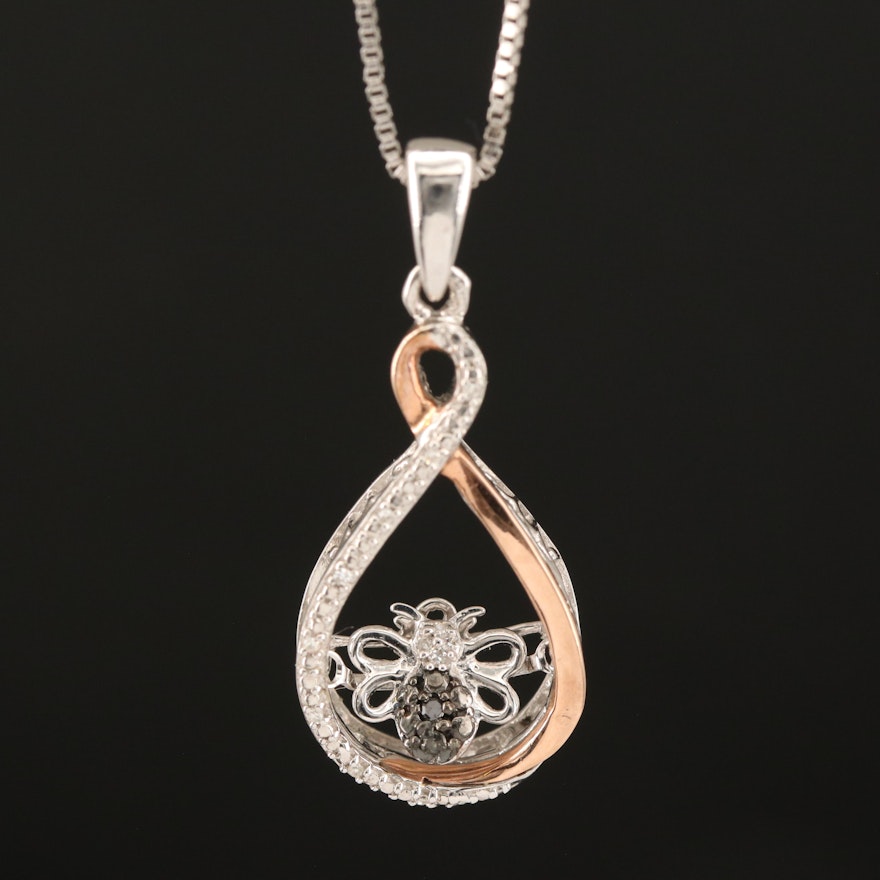 Sterling Diamond En Tremblant Bee Pendant Necklace with 10K Rose Gold Accent