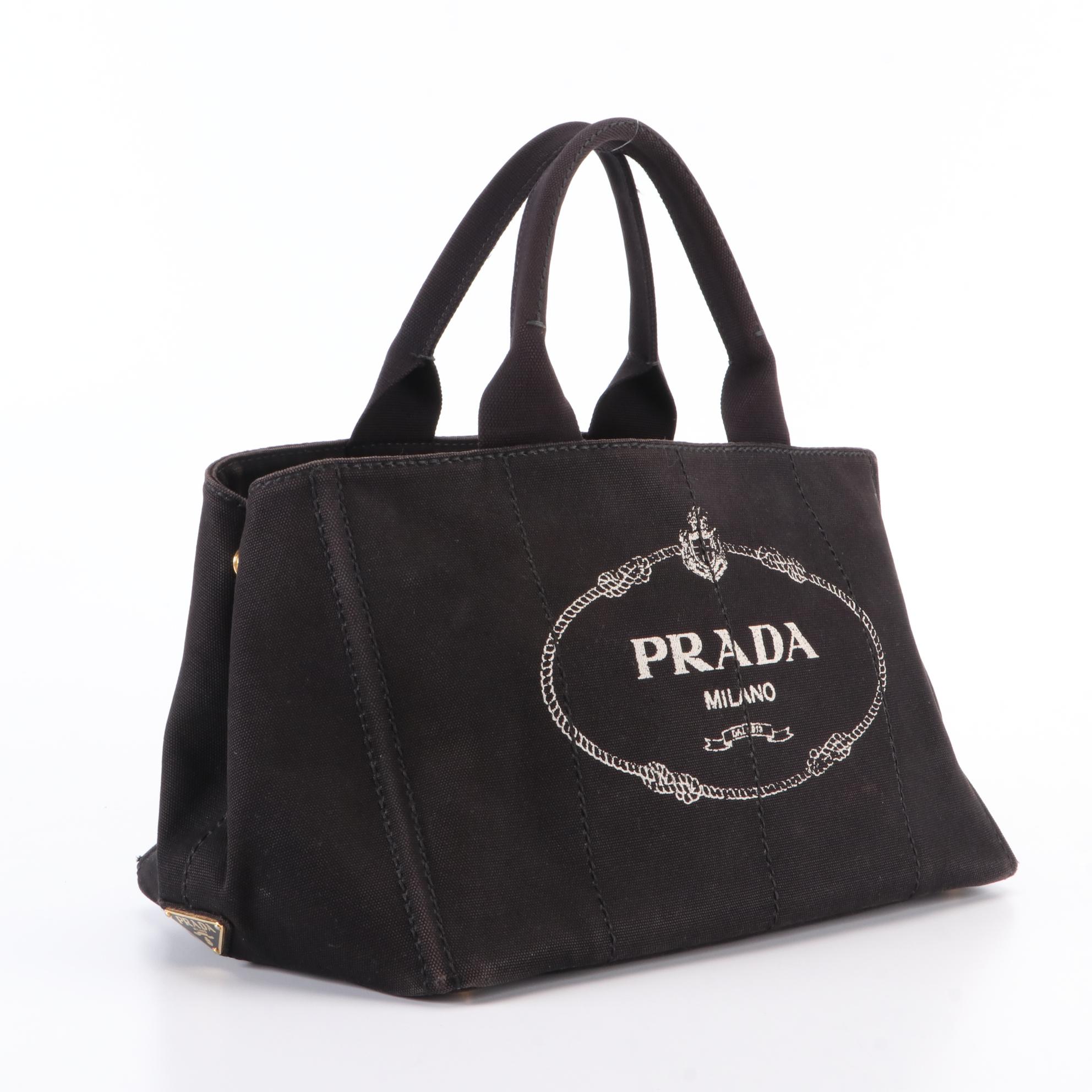 Prada Logo Tote Bag in Black Cotton Canvas with Shoulder Strap