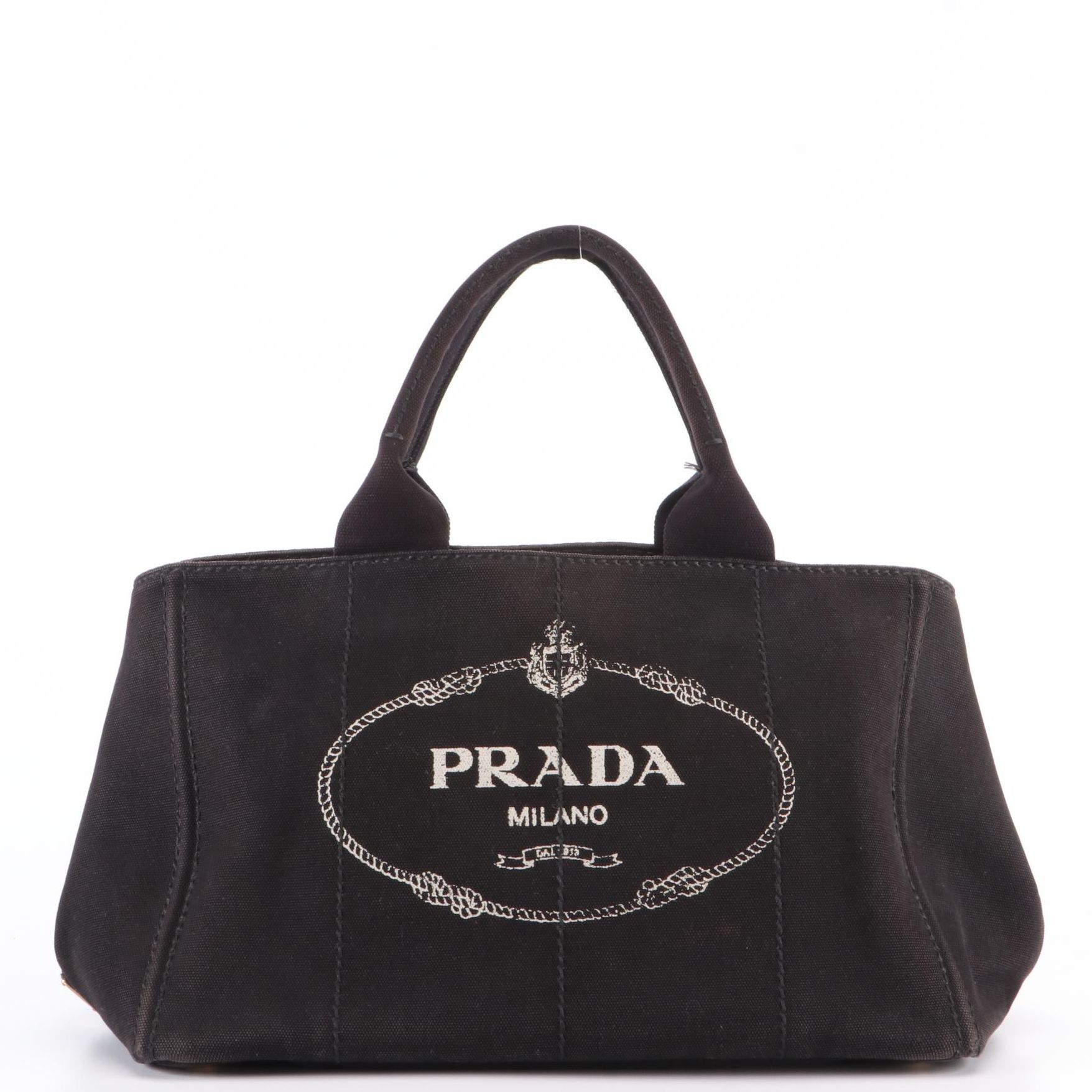 Prada Logo Tote Bag in Black Cotton Canvas with Shoulder Strap