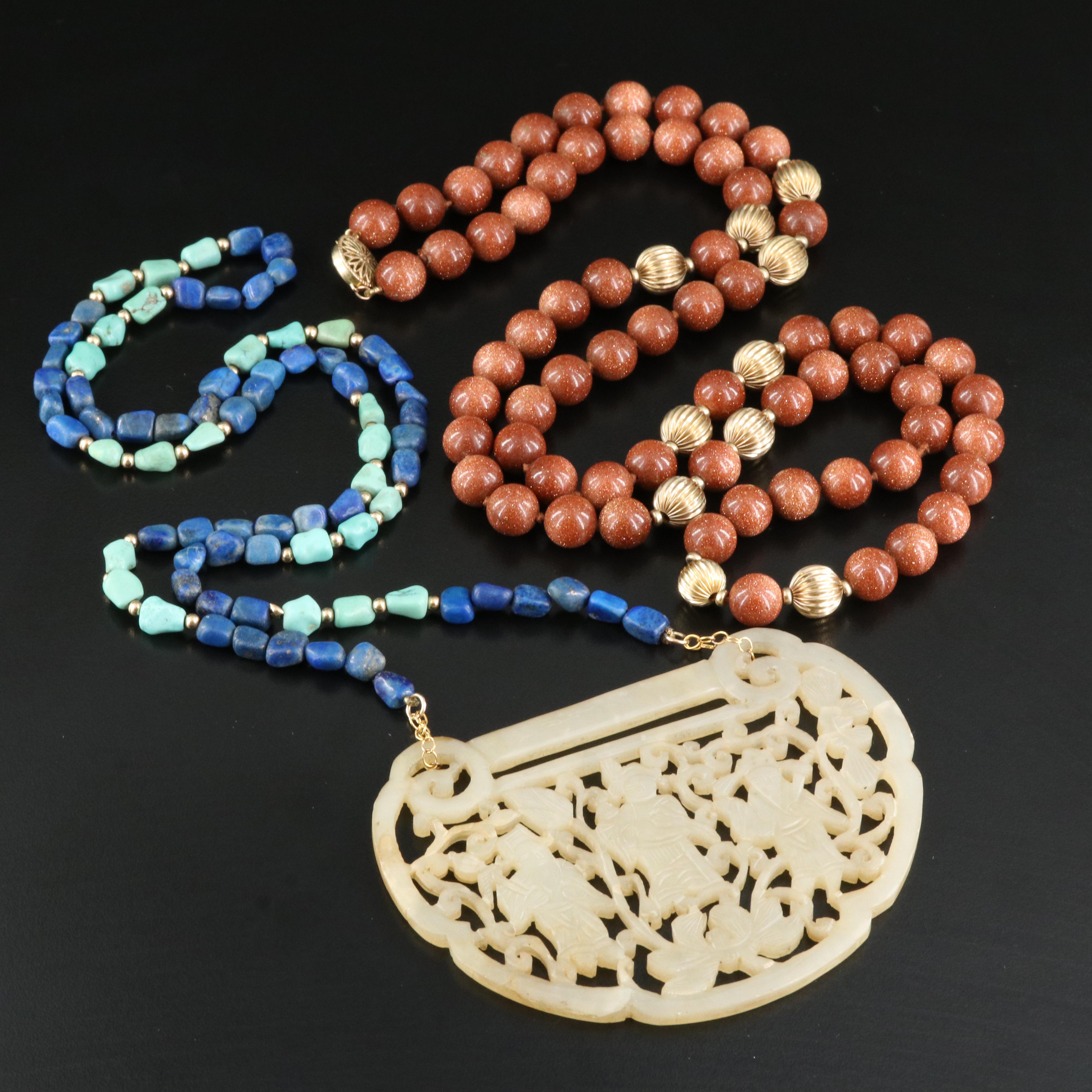 Necklace Selection with Serpentine, Sunstone Glass and Lapis Lazuli