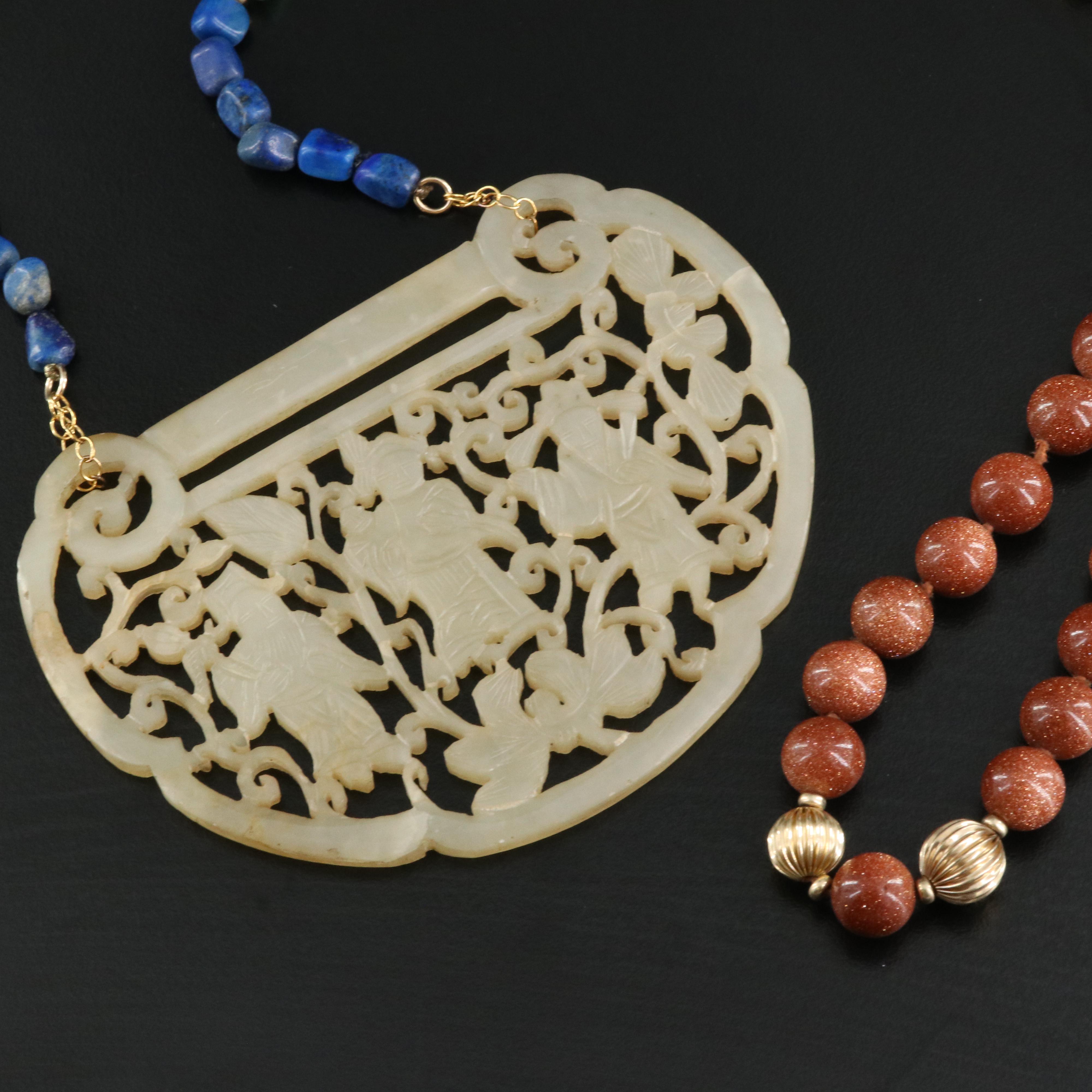 Necklace Selection with Serpentine, Sunstone Glass and Lapis Lazuli