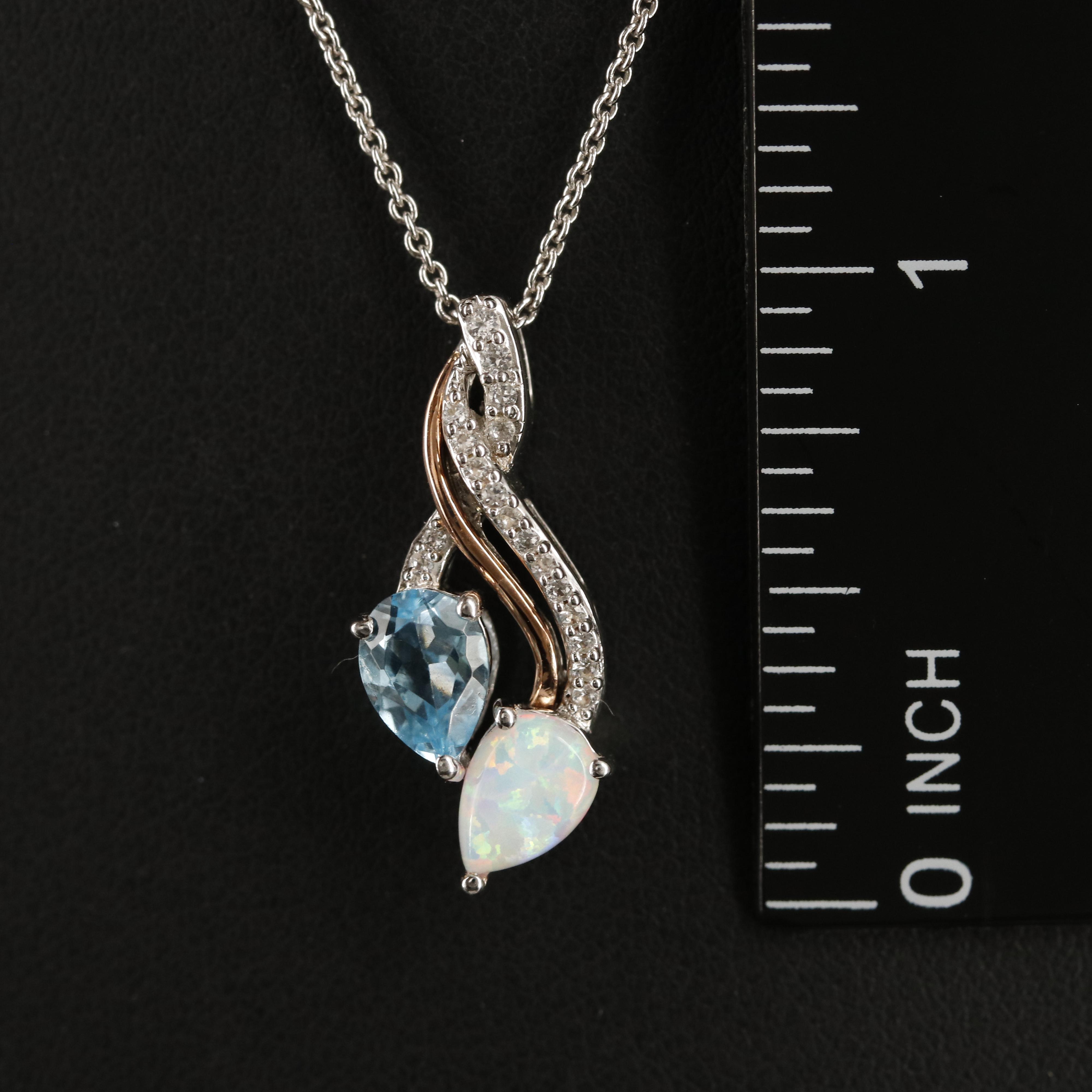 Sterling Opal, Sky Blue and White Topaz Necklace with 10K Rose Gold Accent