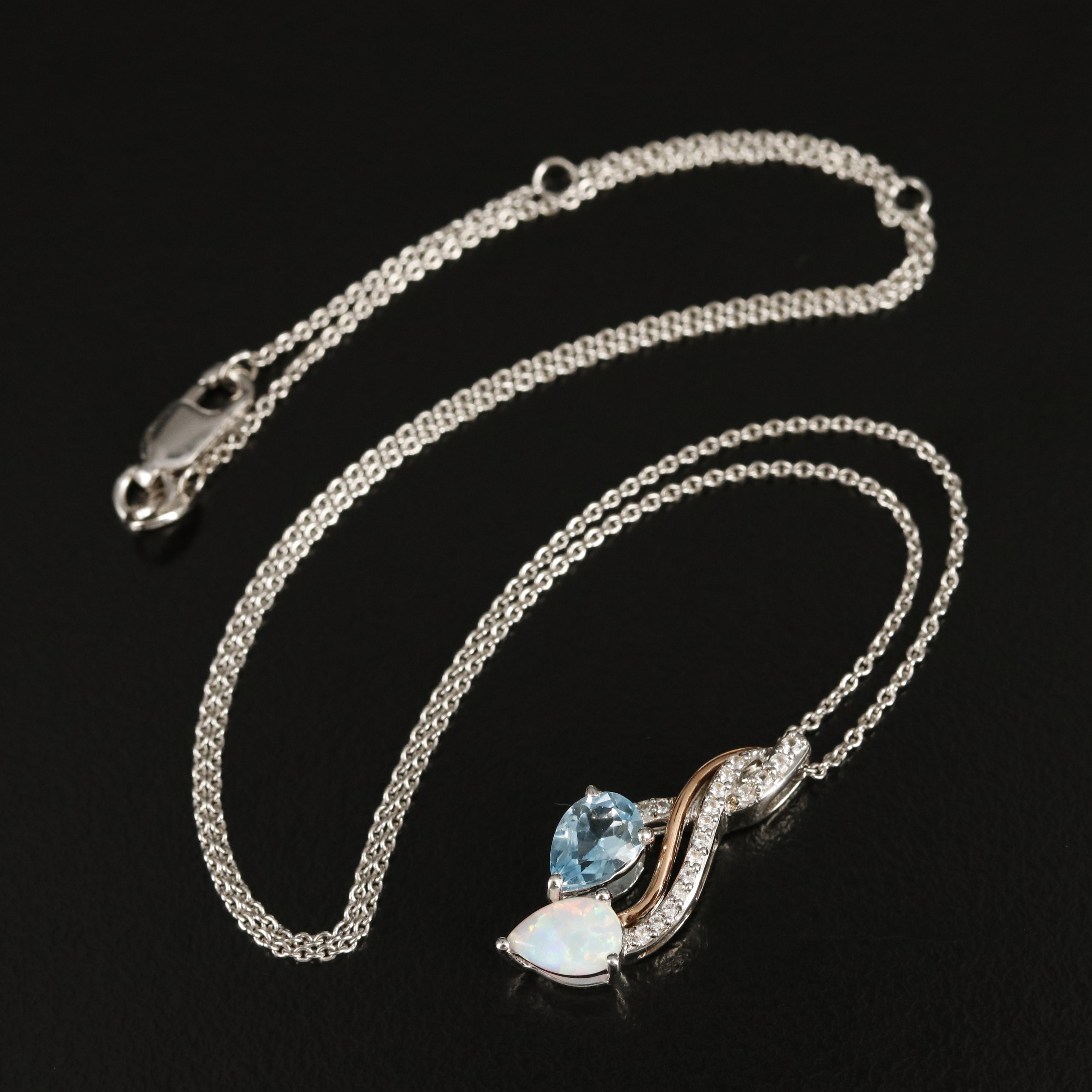 Sterling Opal, Sky Blue and White Topaz Necklace with 10K Rose Gold Accent