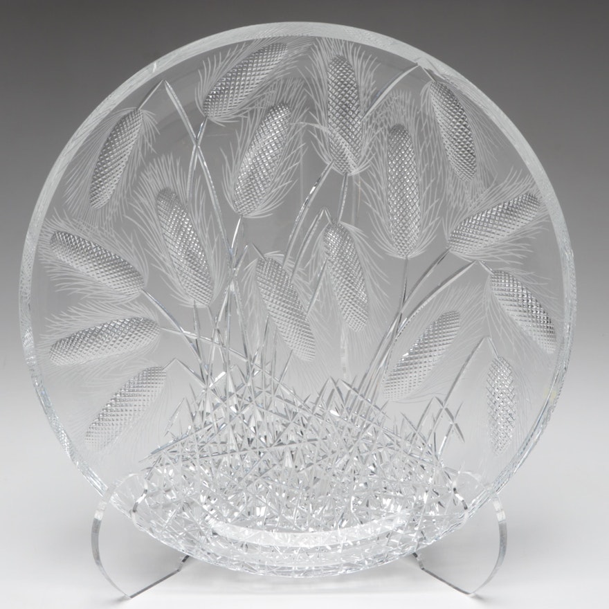 Josef Švarc Grain Stalks Cut and Engraved Czech Crystal Dish, Mid/ Late 20th C.
