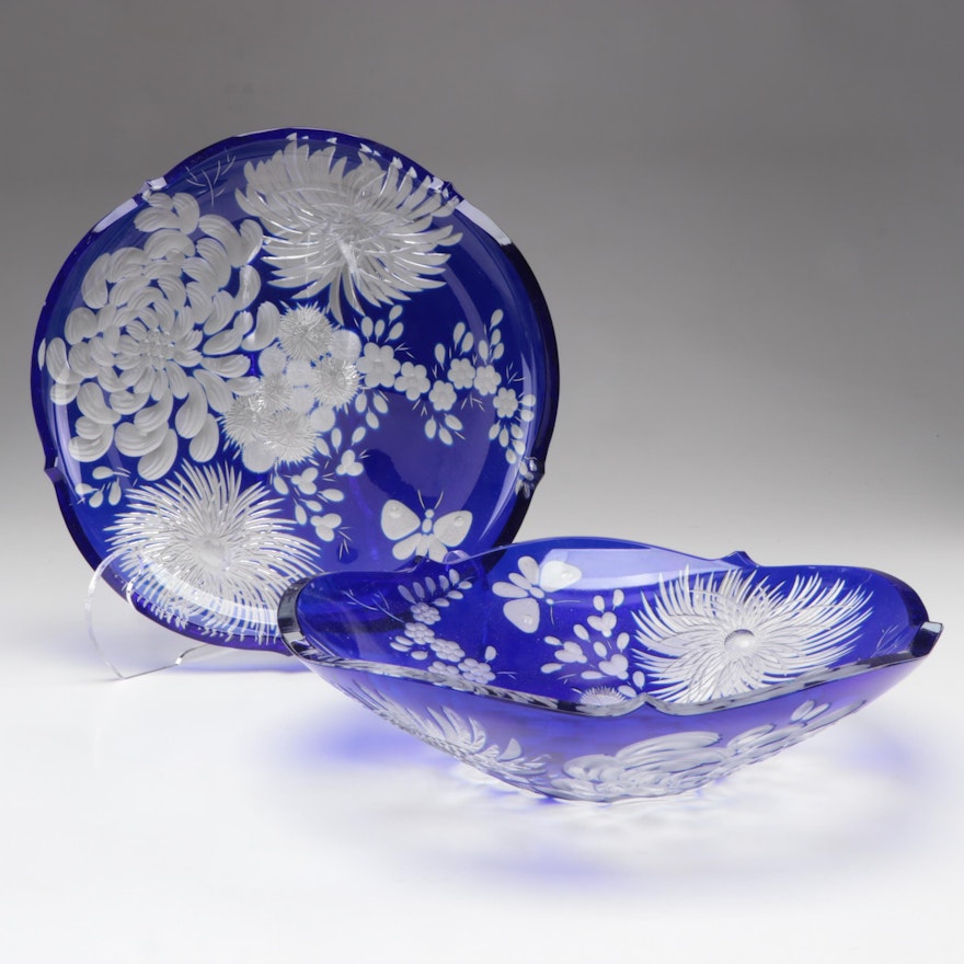 Meissen Cobalt Blue Cut to Clear Chrysanthemum Crystal Plate and Bowl