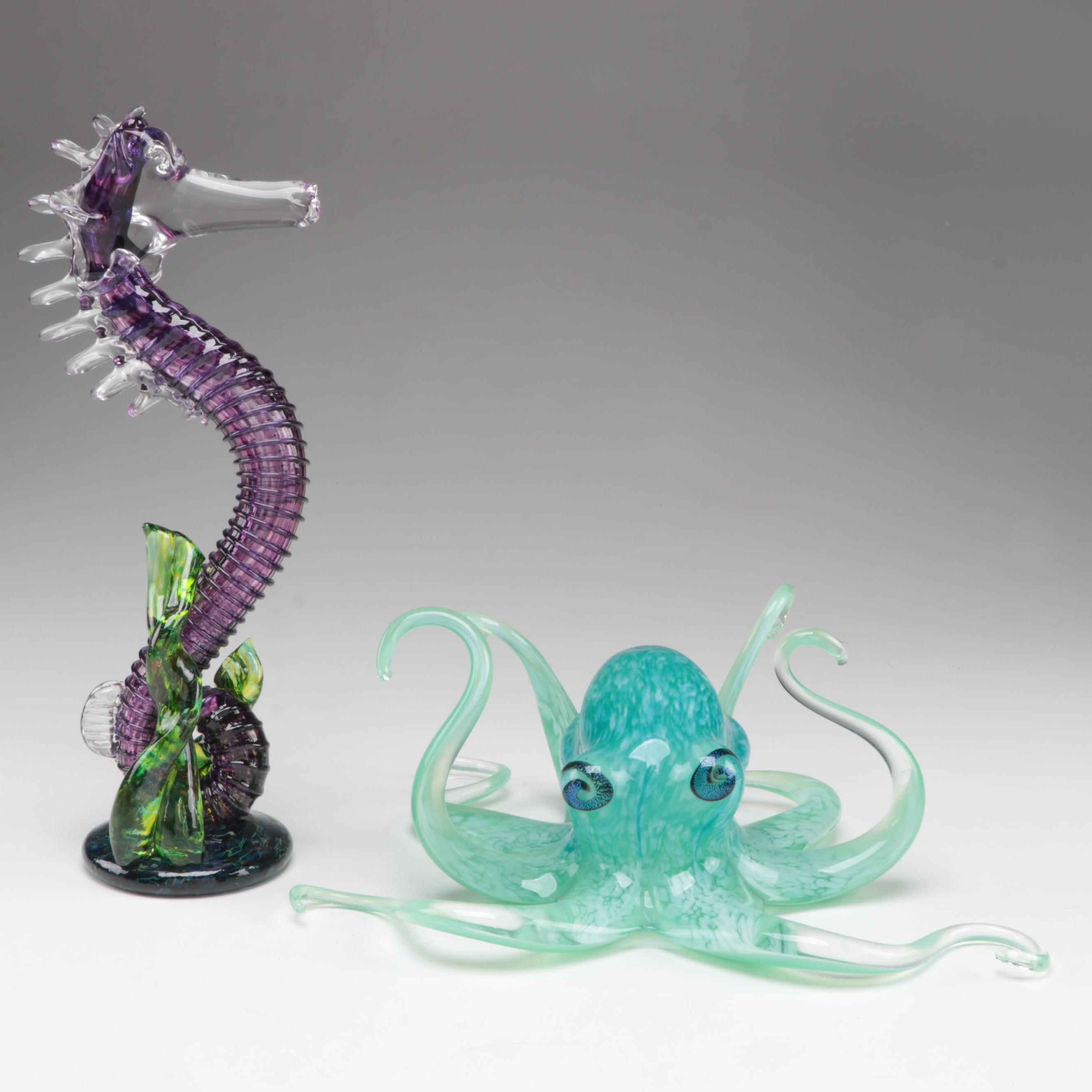 Studio Art Glass Octopus and Seahorse Glass Figurines With Bowl