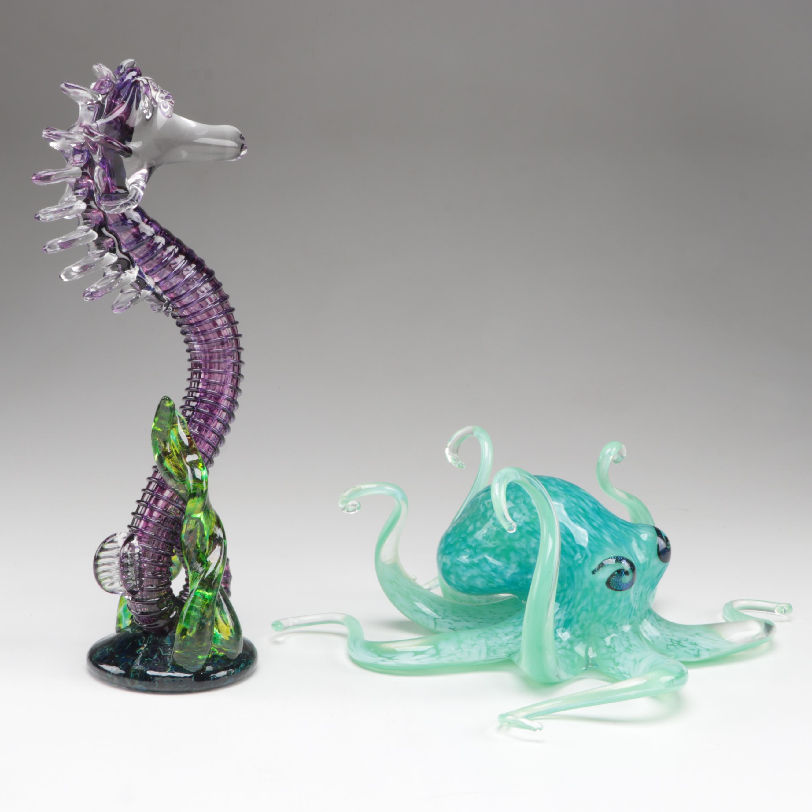 Studio Art Glass Octopus and Seahorse Glass Figurines With Bowl