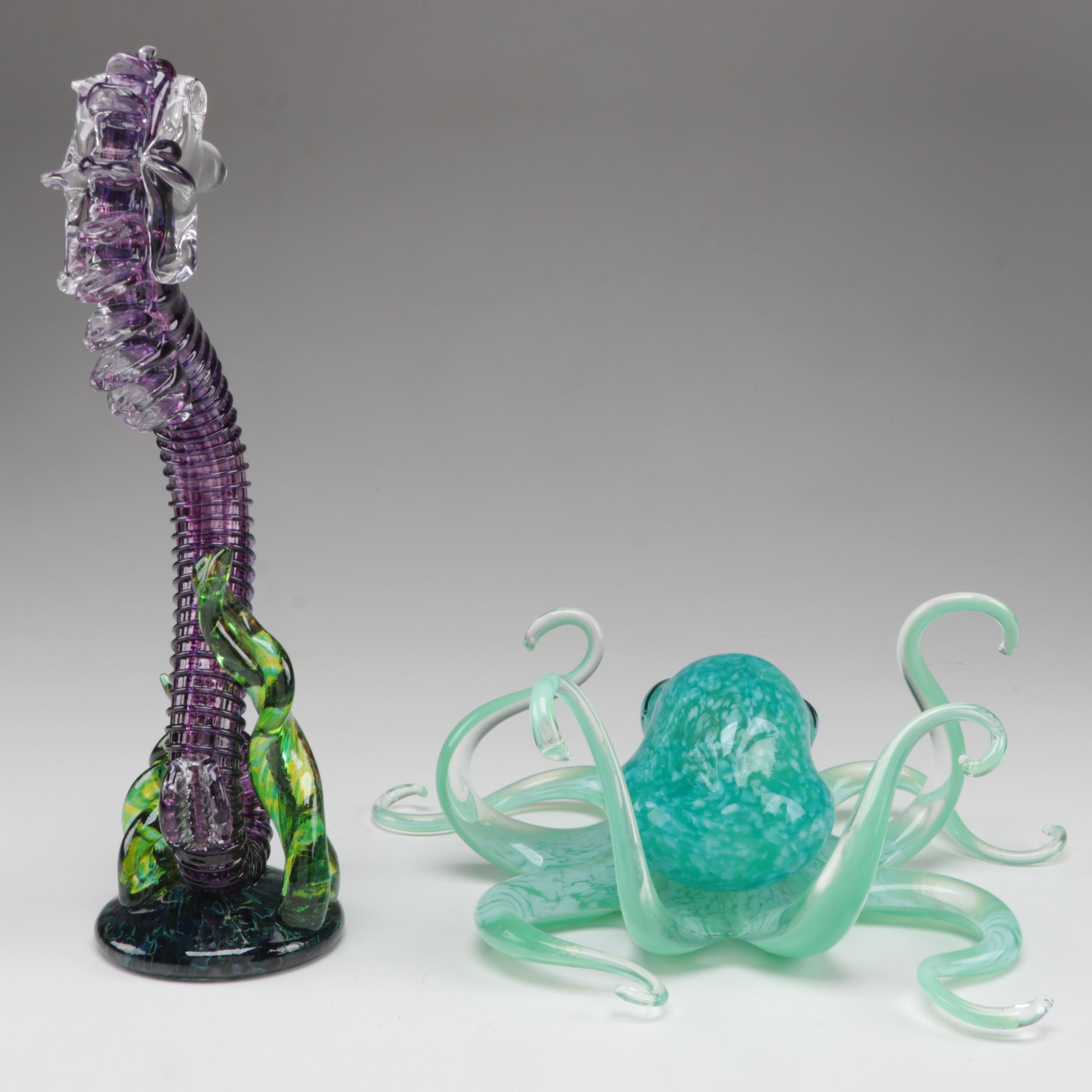 Studio Art Glass Octopus and Seahorse Glass Figurines With Bowl