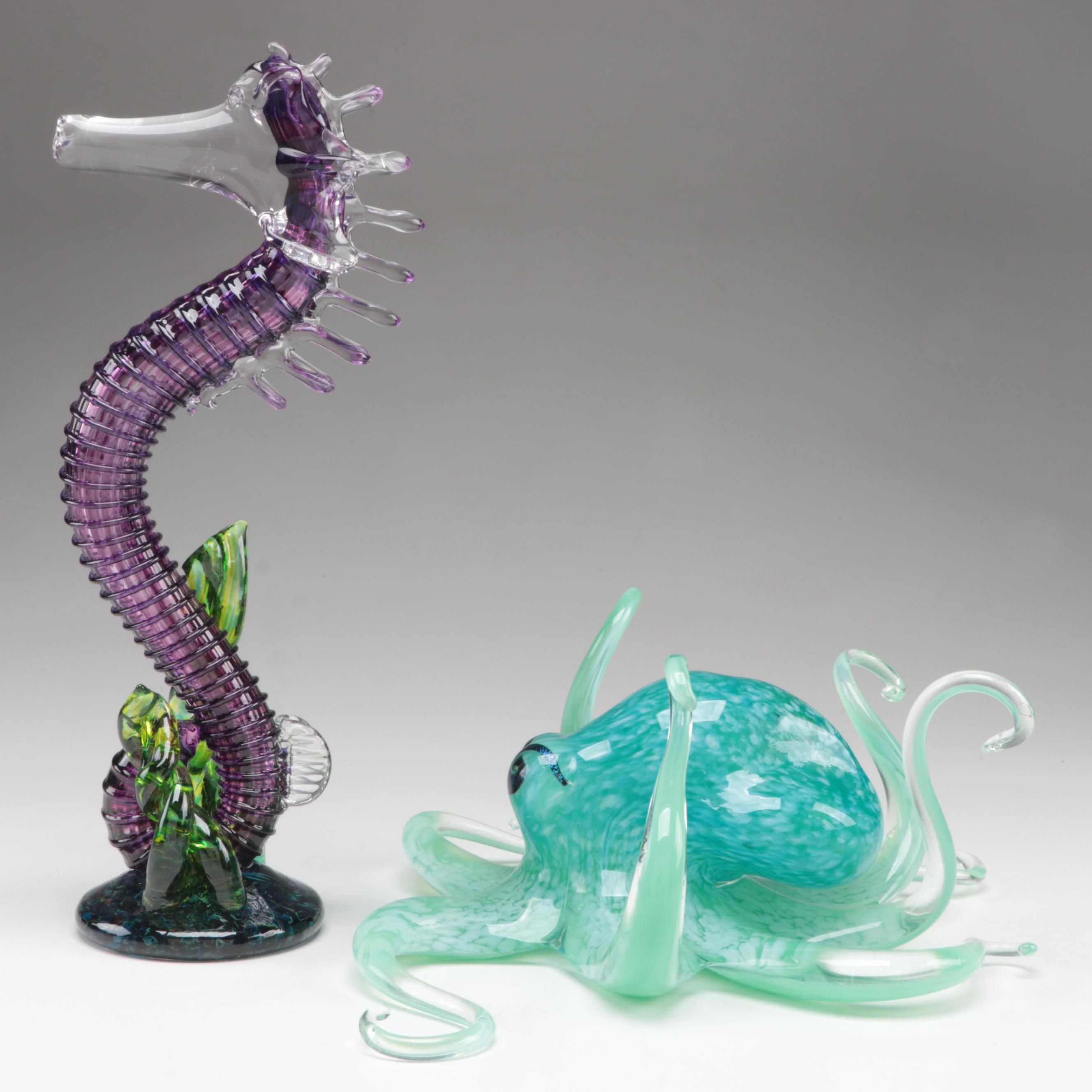 Studio Art Glass Octopus and Seahorse Glass Figurines With Bowl