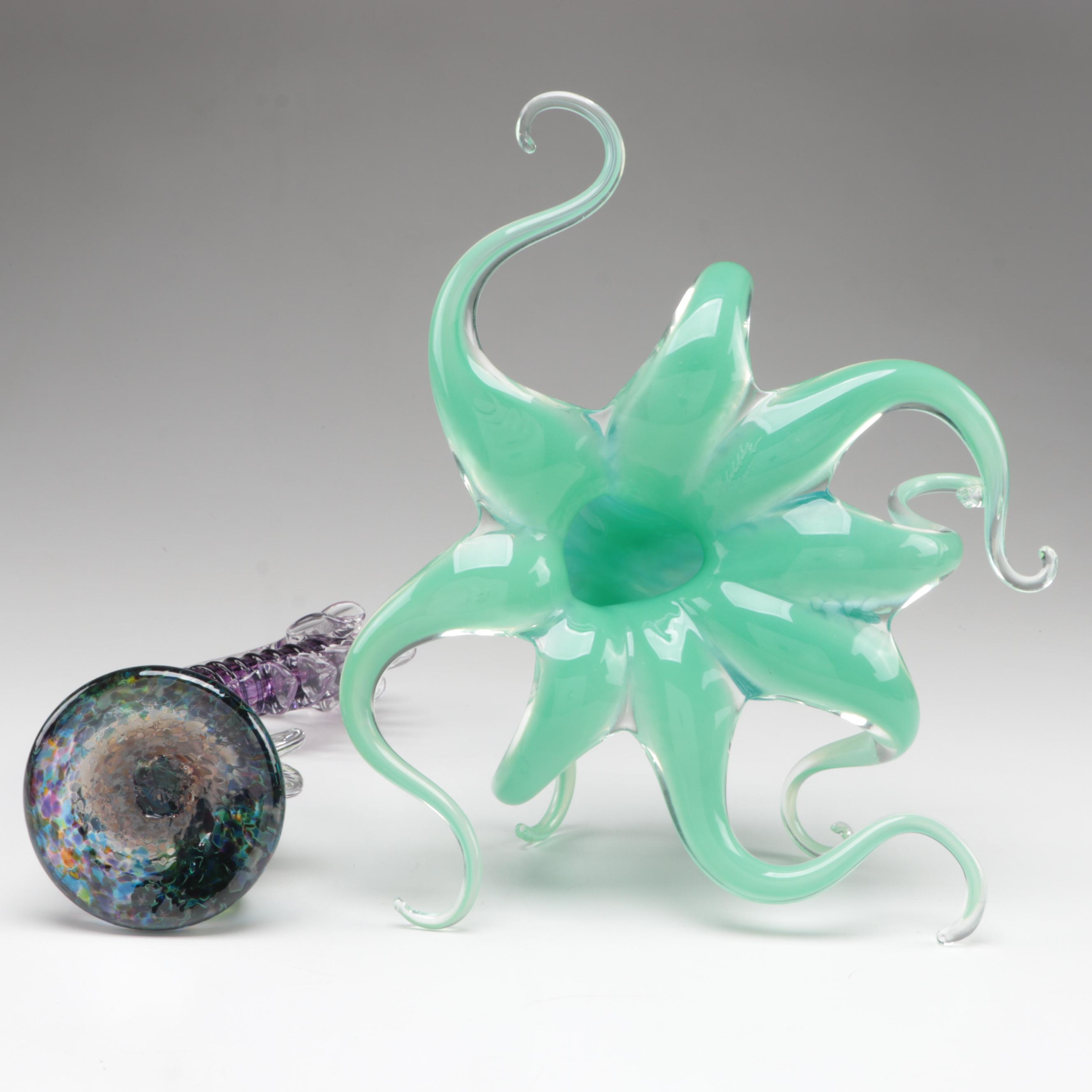 Studio Art Glass Octopus and Seahorse Glass Figurines With Bowl
