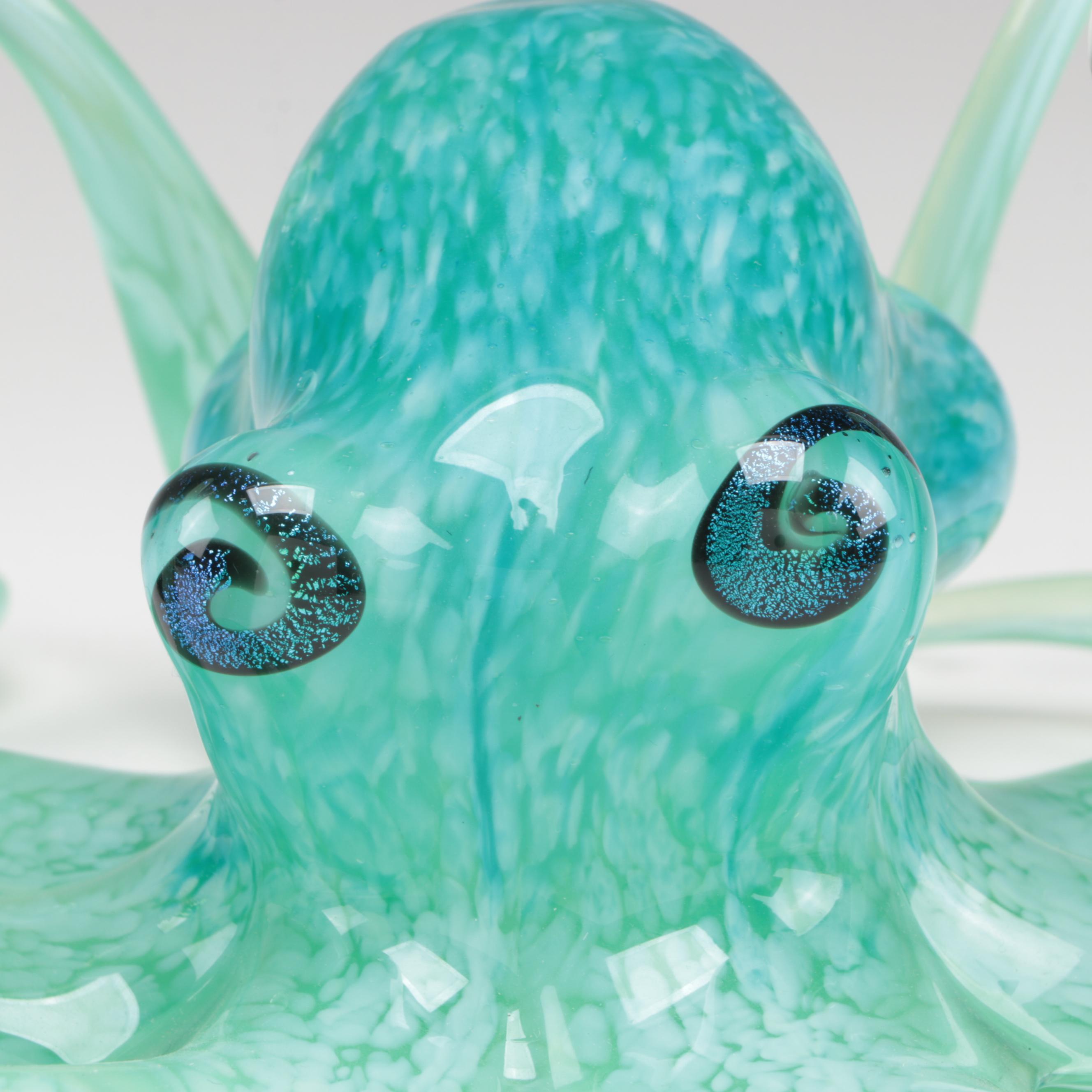 Studio Art Glass Octopus and Seahorse Glass Figurines With Bowl