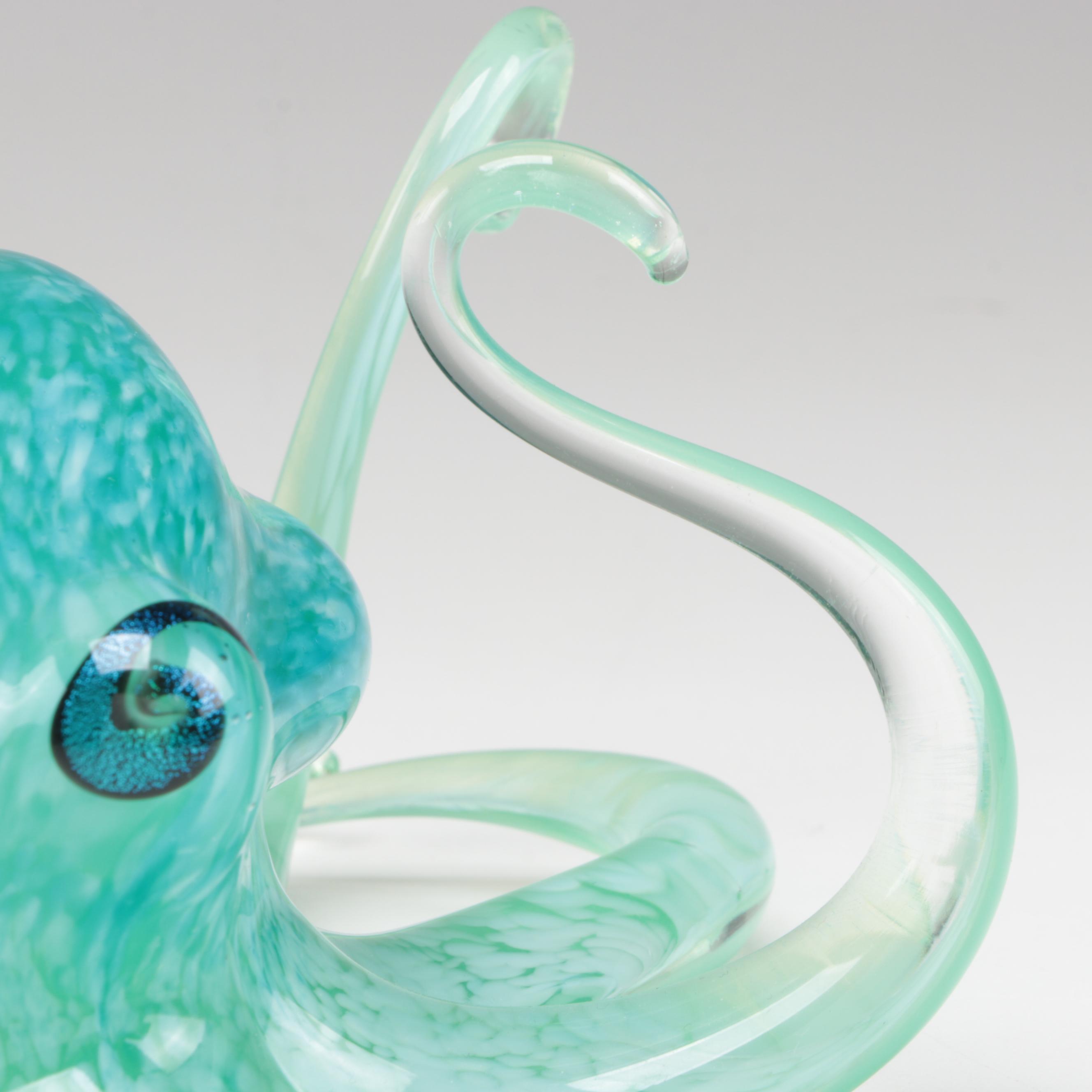 Studio Art Glass Octopus and Seahorse Glass Figurines With Bowl