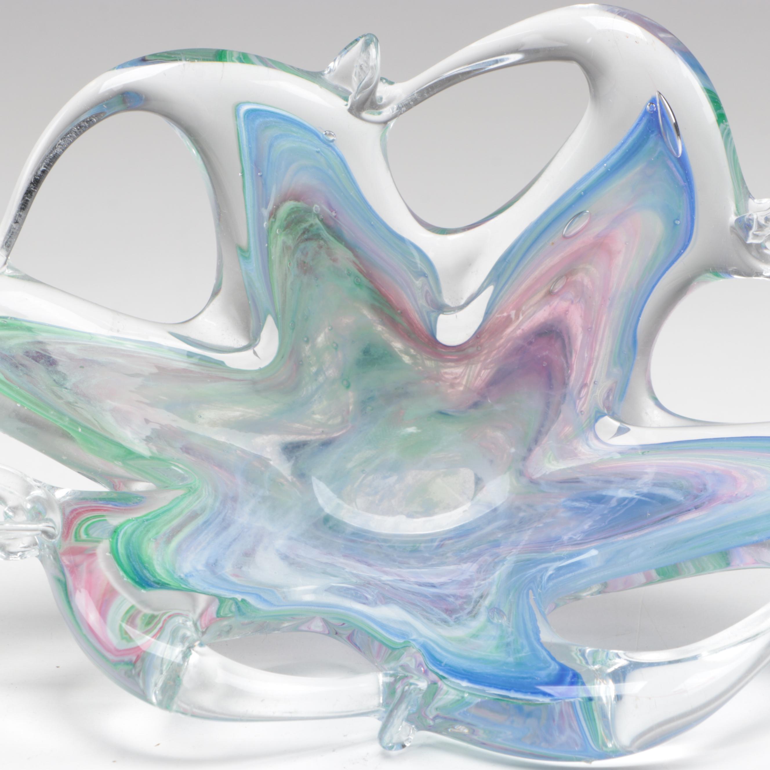 Studio Art Glass Octopus and Seahorse Glass Figurines With Bowl