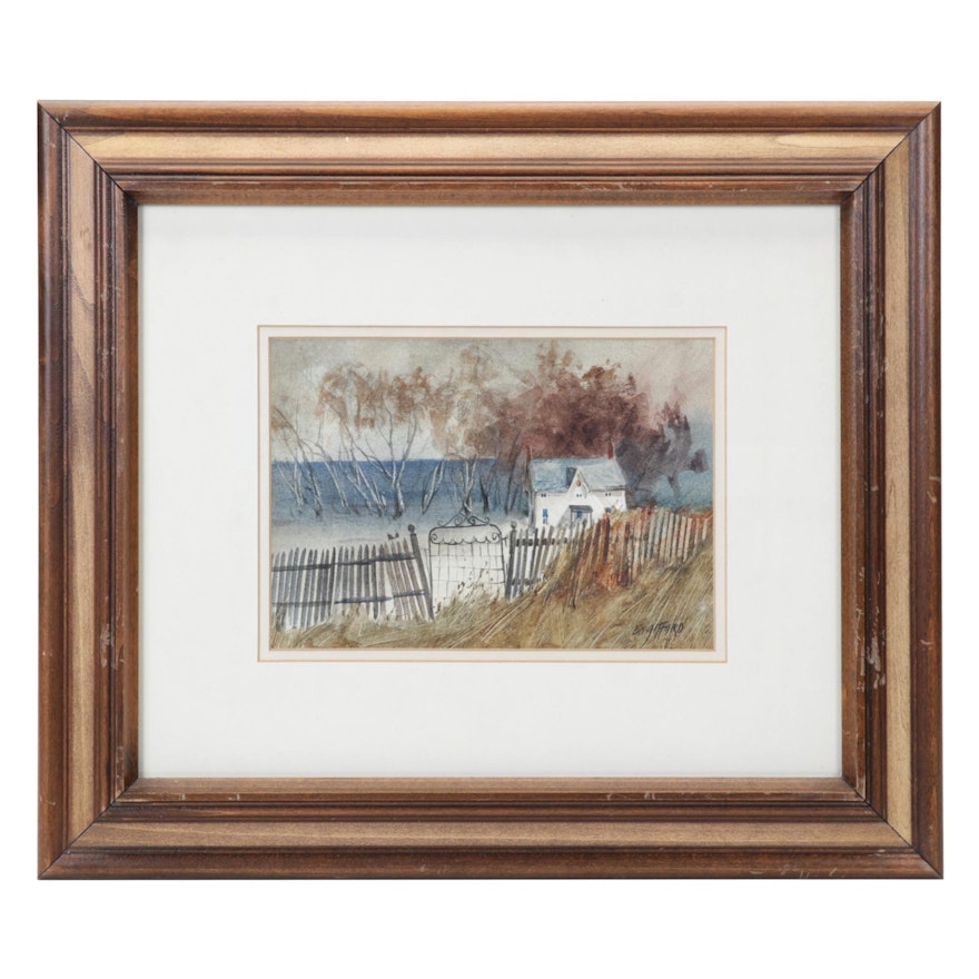 Ed Gifford Watercolor Painting of Iron Gate and White Cottage, Late 20th Century