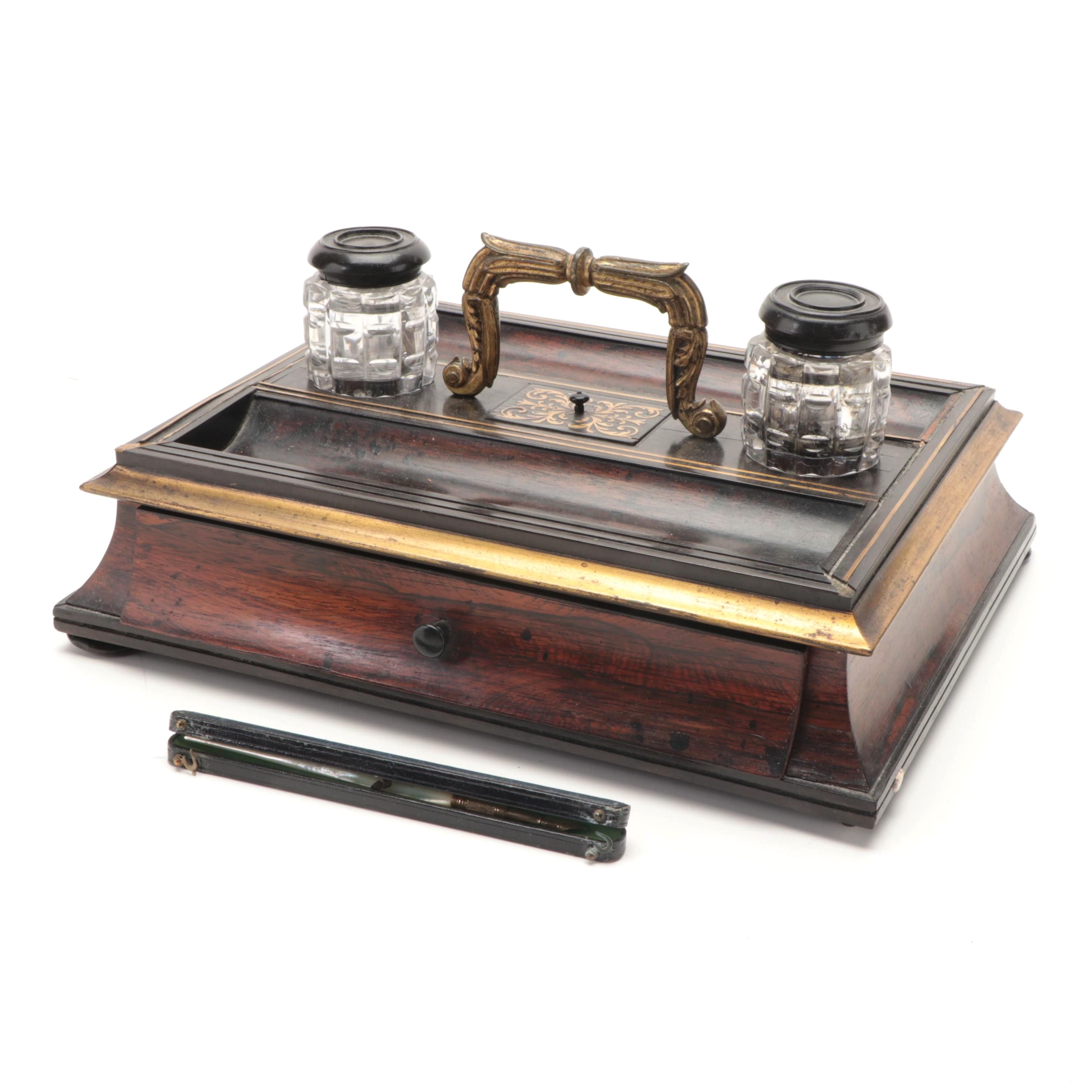 Brass Handled Desk Tidy with Inkwells and Mother-of-Pearl Fountain Pen