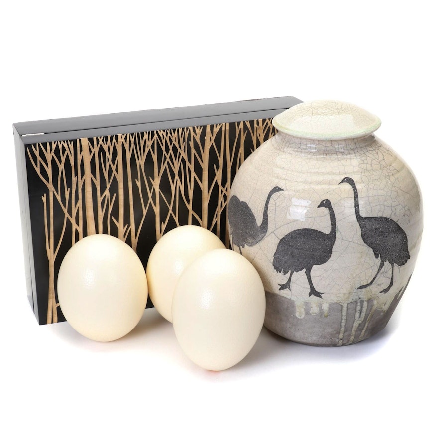 Tree Carved Lacqured Box with Ostrich Egg Collection and Stoneware Ginger Jar