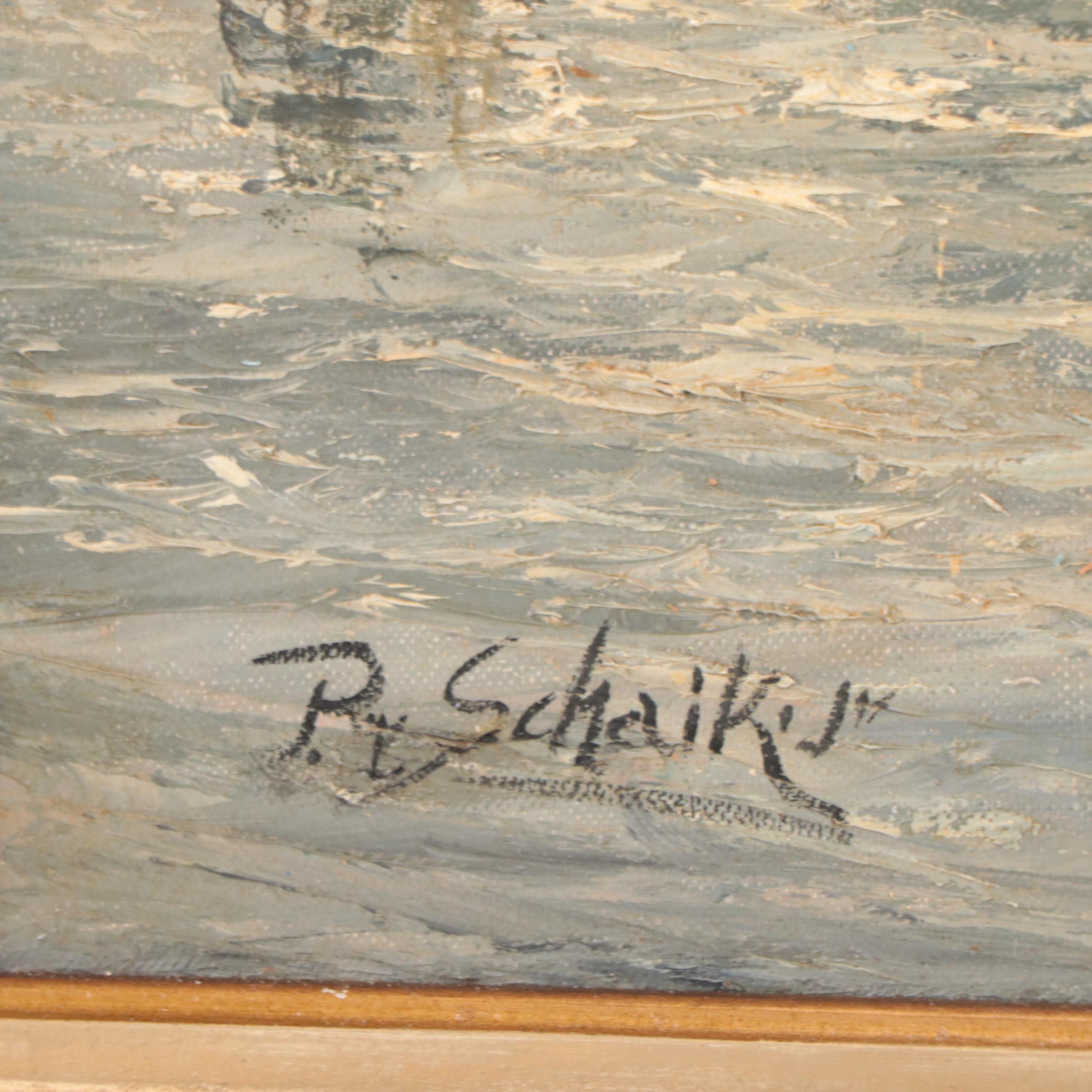 Pieter Van Schaik Jr. Oil Painting "Seascape Painting," Mid-20th Century