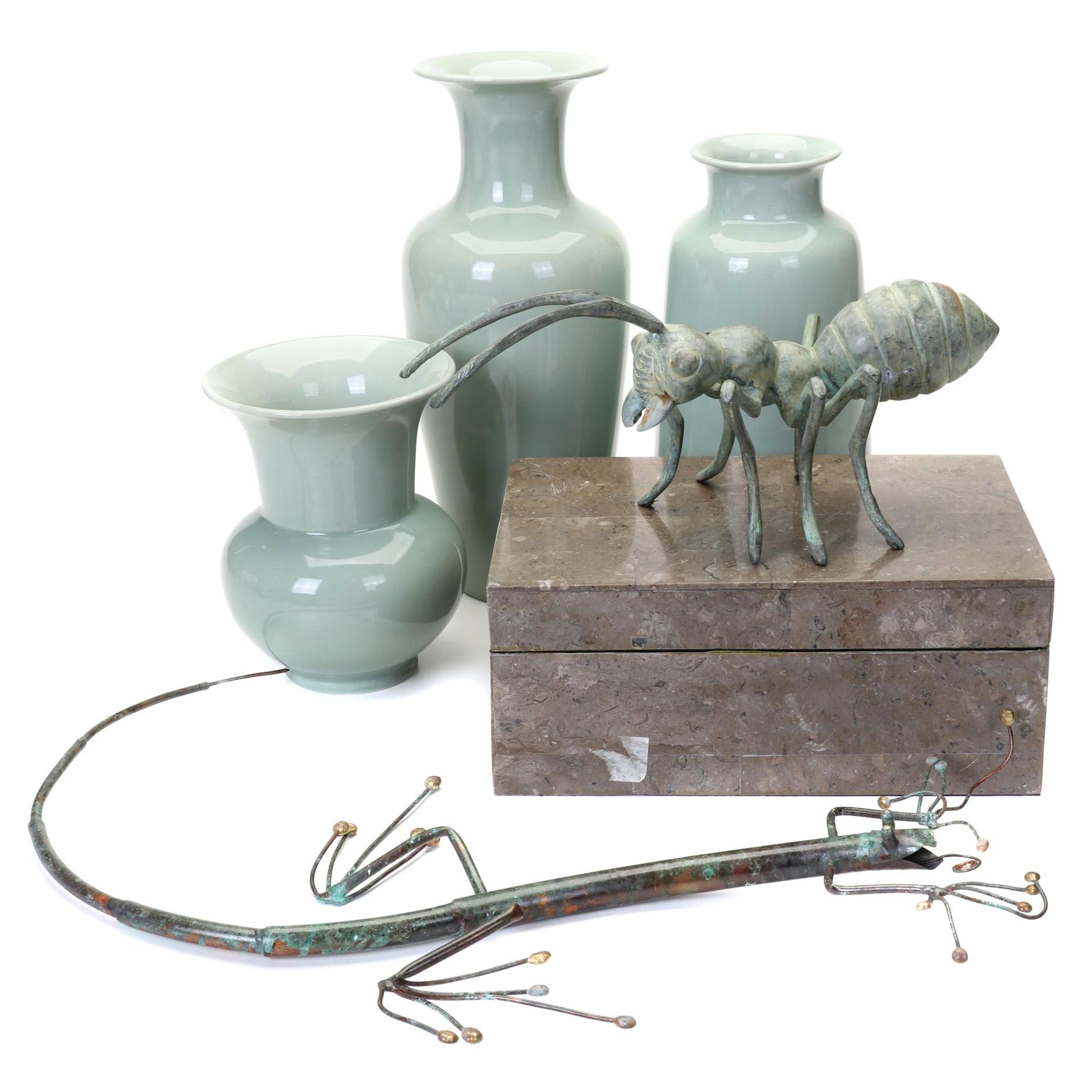 Global Views Celadon Vases With Stone Mosaic Jewelry Box and Figurines