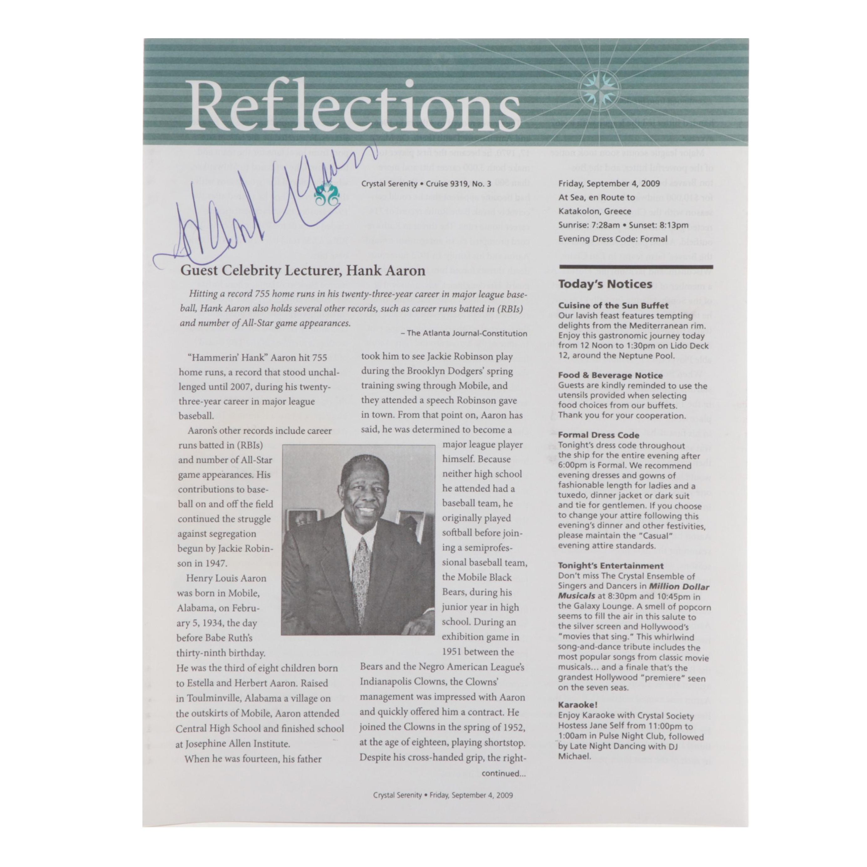 Hank Aaron Signed 755 Home Runs "Reflections" Crystal Serenity Cruise Program