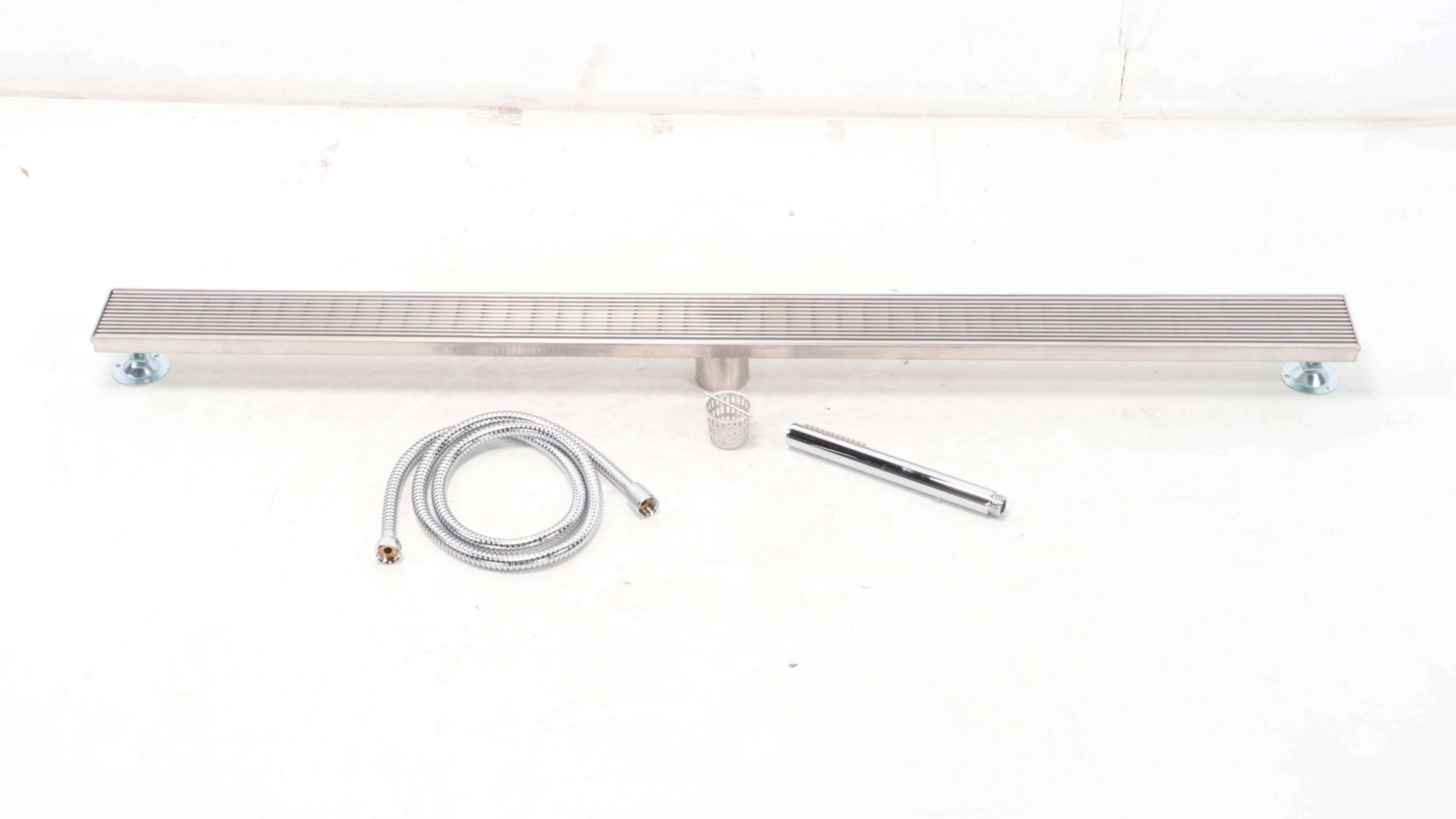 Bamboo and Stainless Outdoor Shower With Linear Shower Drain