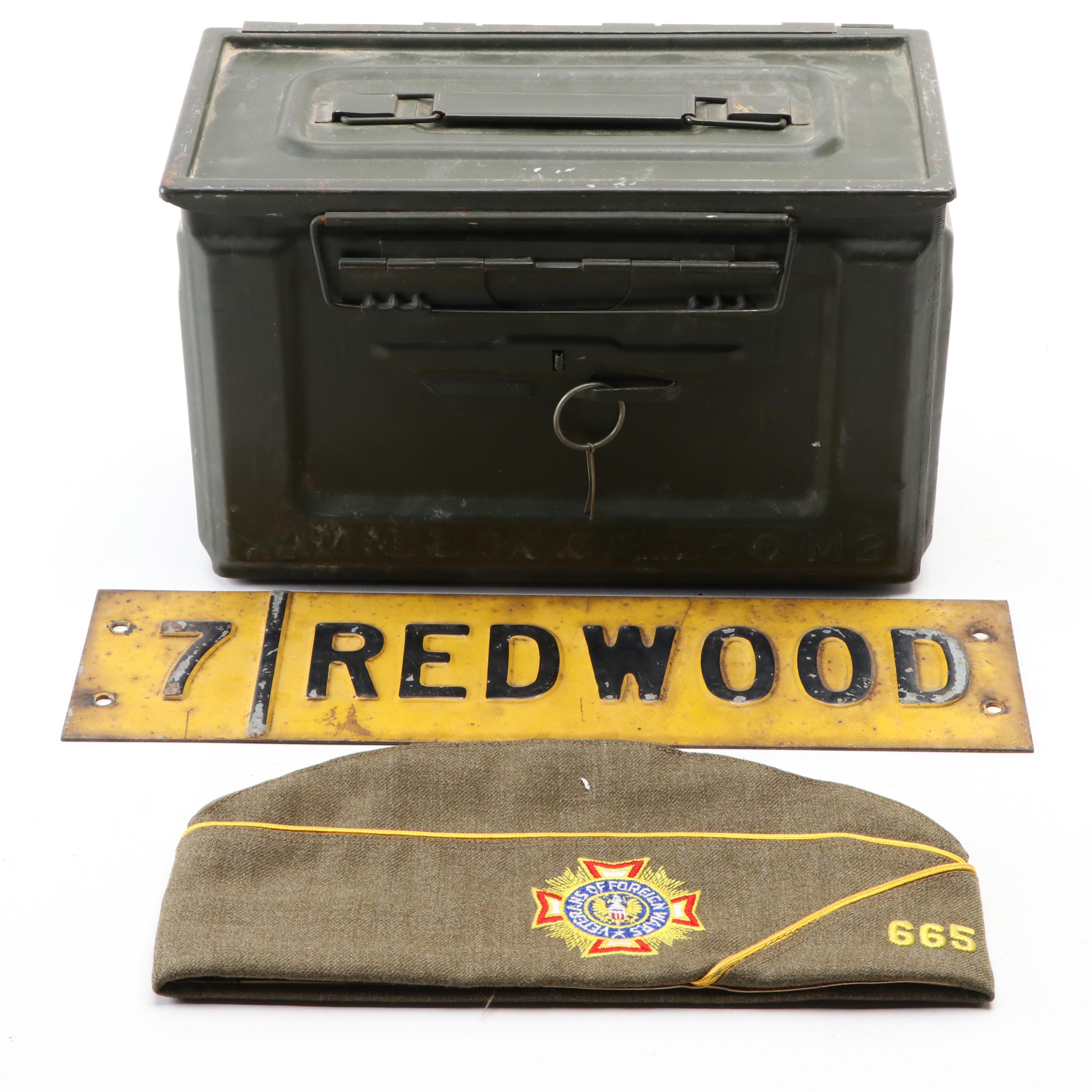 U. S. Military Ammo Box, Veteran of Foreign Wars Hat and Street Sign