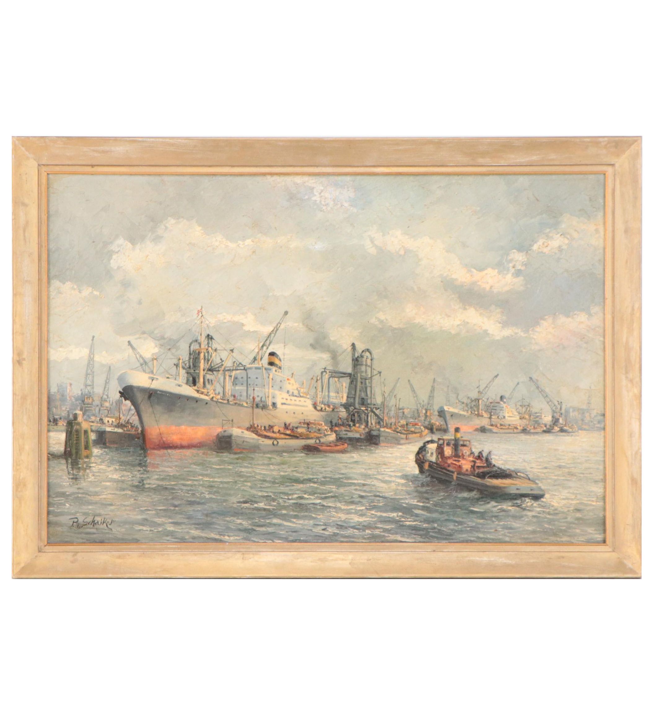 Pieter Van Schaik Jr. Oil Painting "Seascape Painting," Mid-20th Century