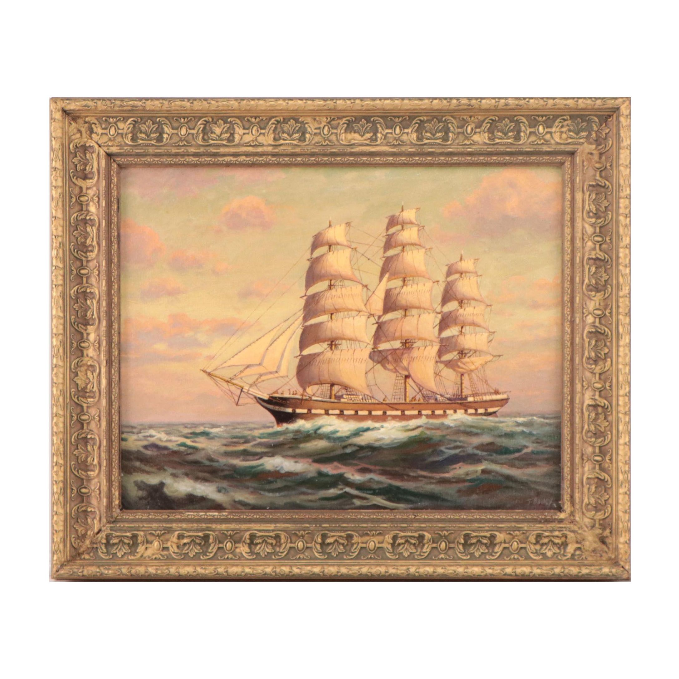 T. Bailey Oil Painting of Ship at Sea