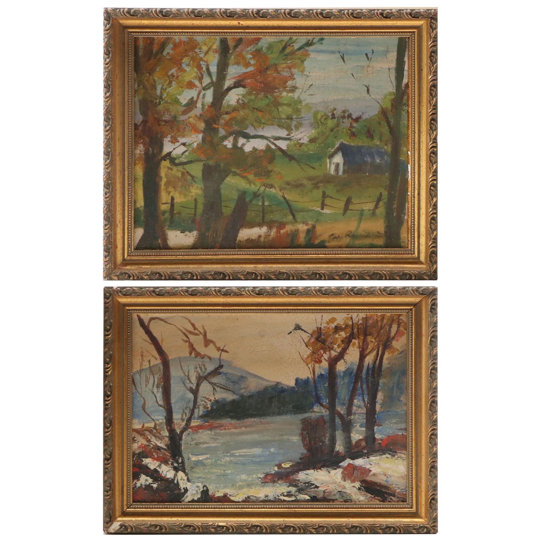 Fall and Winter Landscape Oil Paintings, Late 20th Century