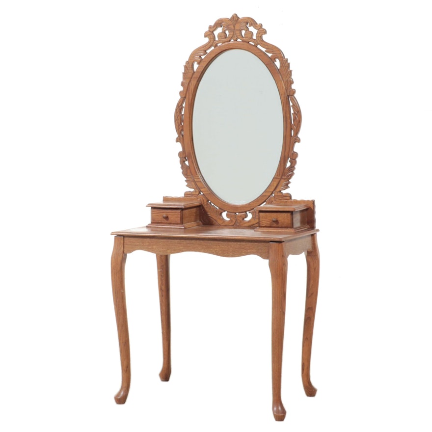 Queen Anne Style Oak Dressing Table with Carved Mirror