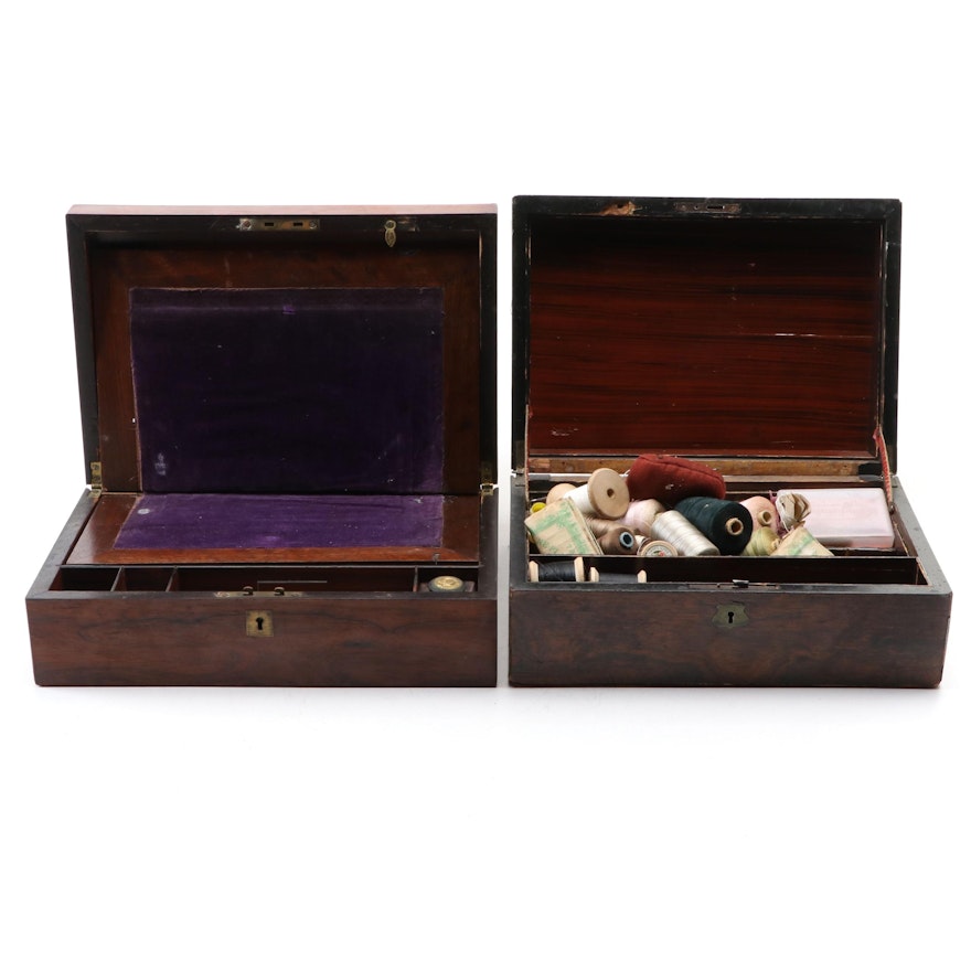 Victorian English Brass Inlaid Rosewood Lap Desk and Sewing Box, Mid-19th C.