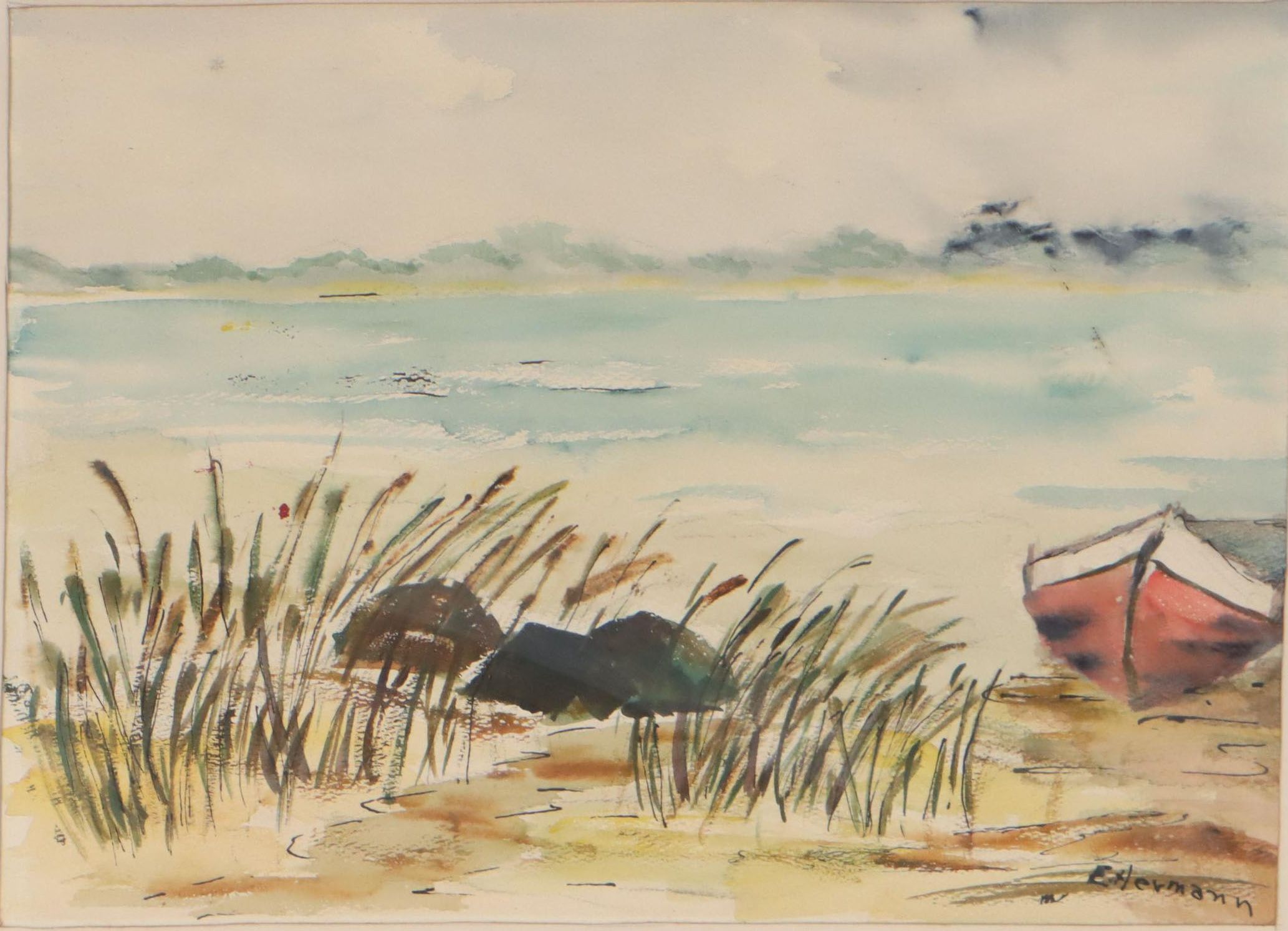E. Hermann Coastal Landscape Watercolor Painting