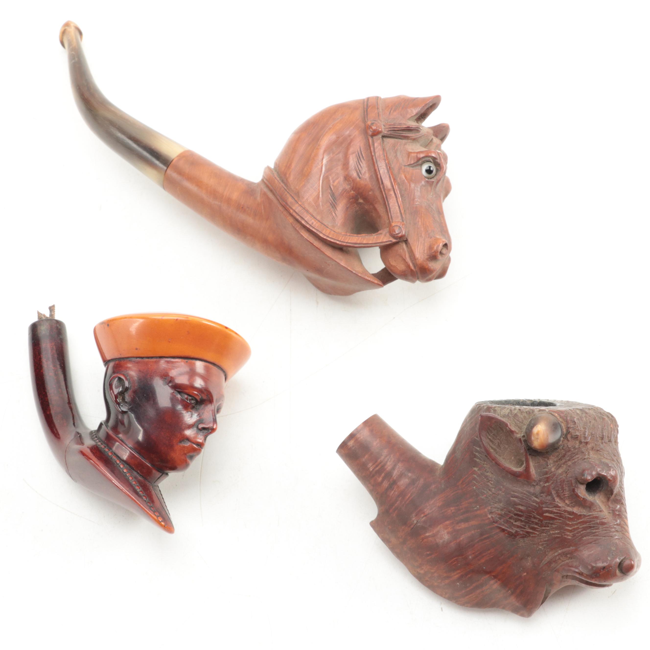 German Black Forest Carved Wood Meerschaum Pipe with Other Figural Pipes