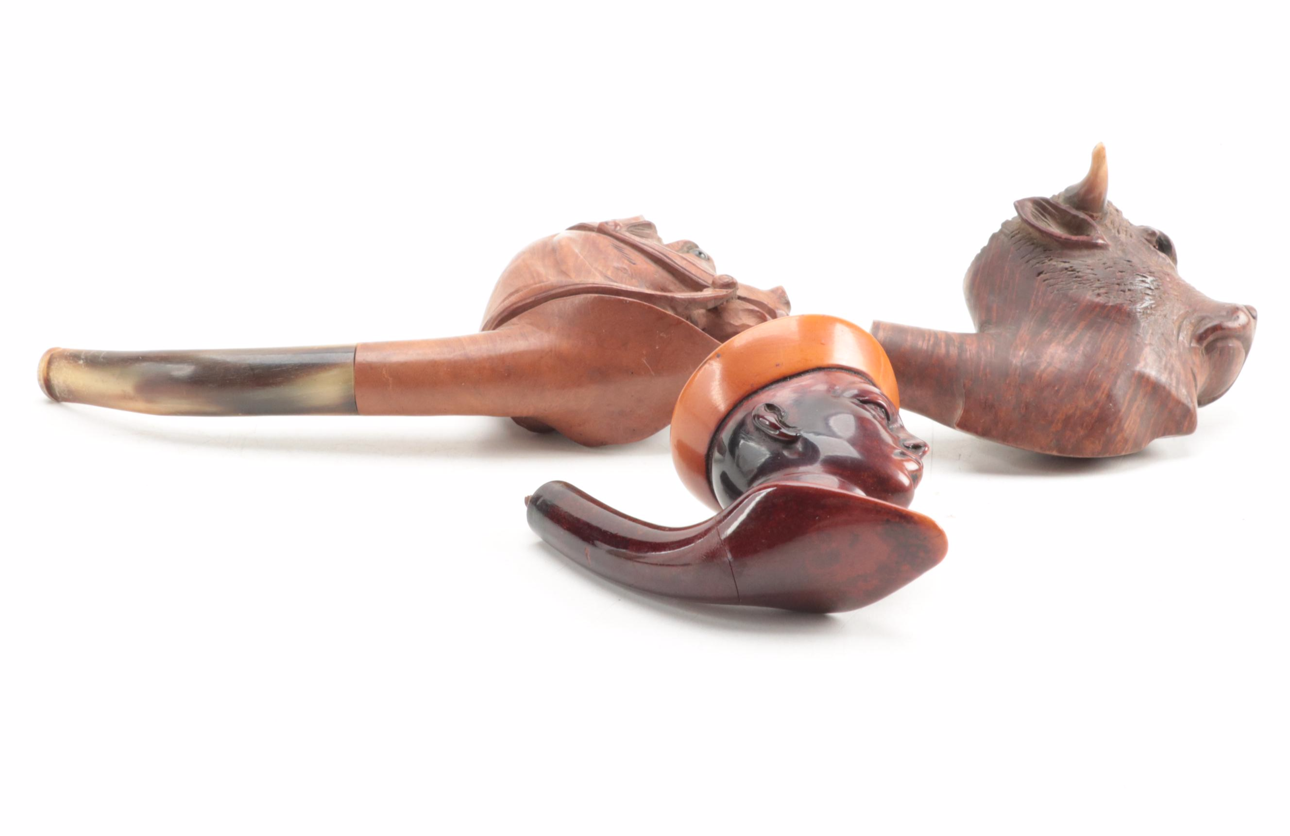 German Black Forest Carved Wood Meerschaum Pipe with Other Figural Pipes