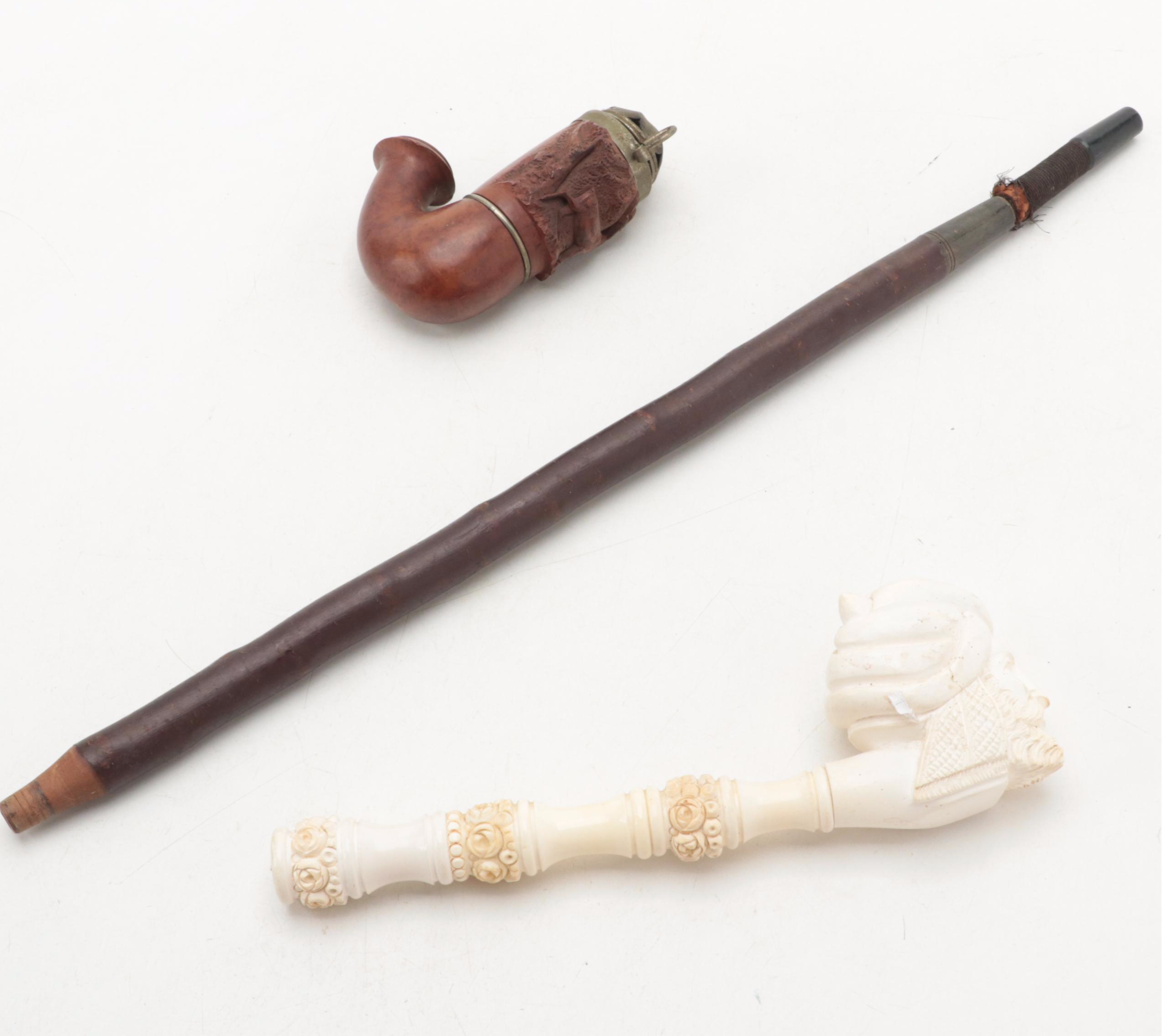 German Black Forest Carved Wood Meerschaum Pipe with Other Figural Pipes