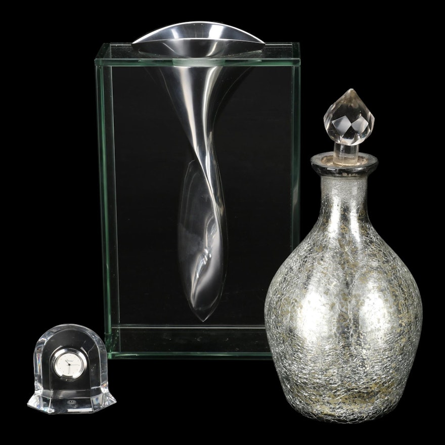 Baccarat Crystal "Vega" Desk Clock, Mercury Glass Decanter and Chrome Glass Vase