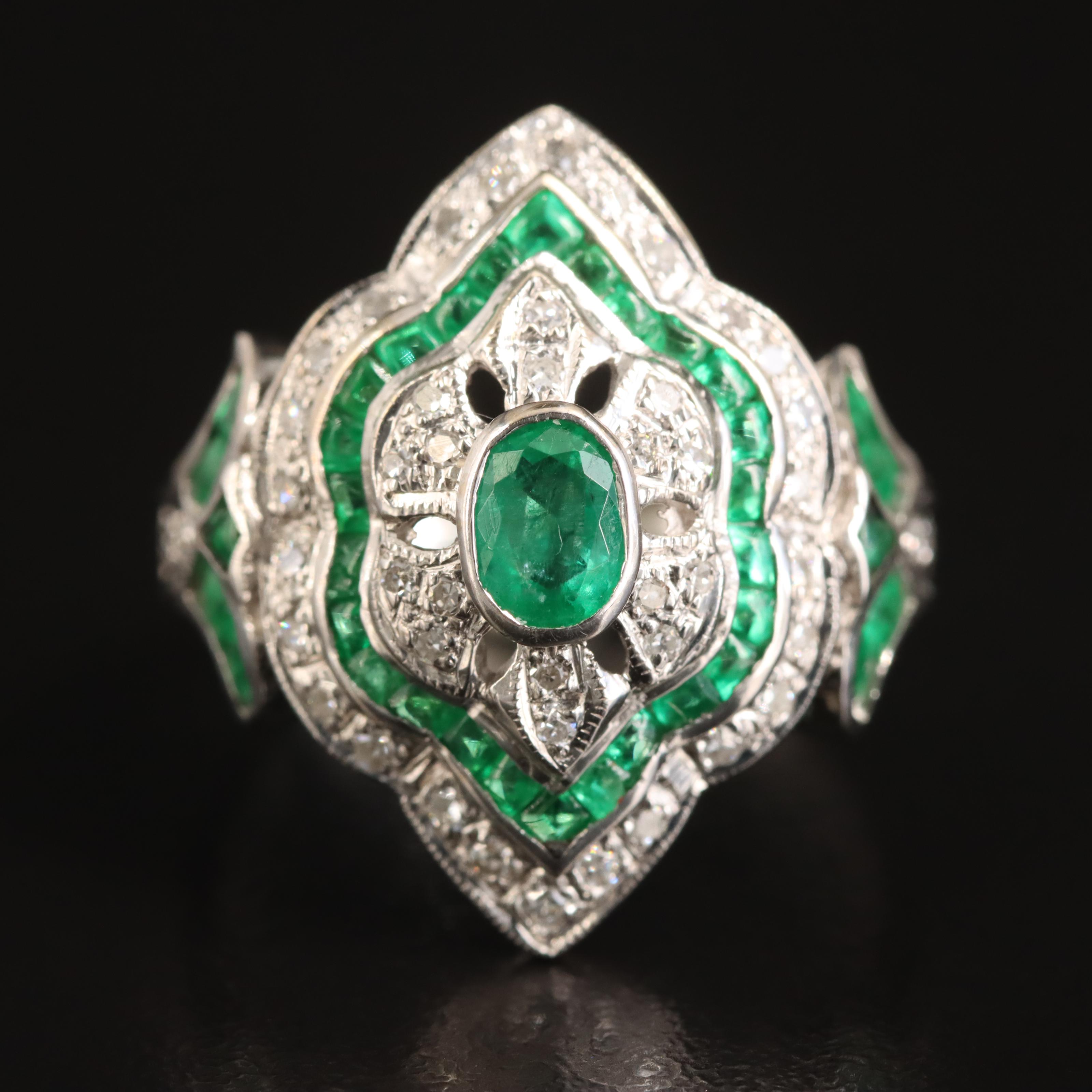 14K Emerald and Diamond Octahedral Openwork Ring