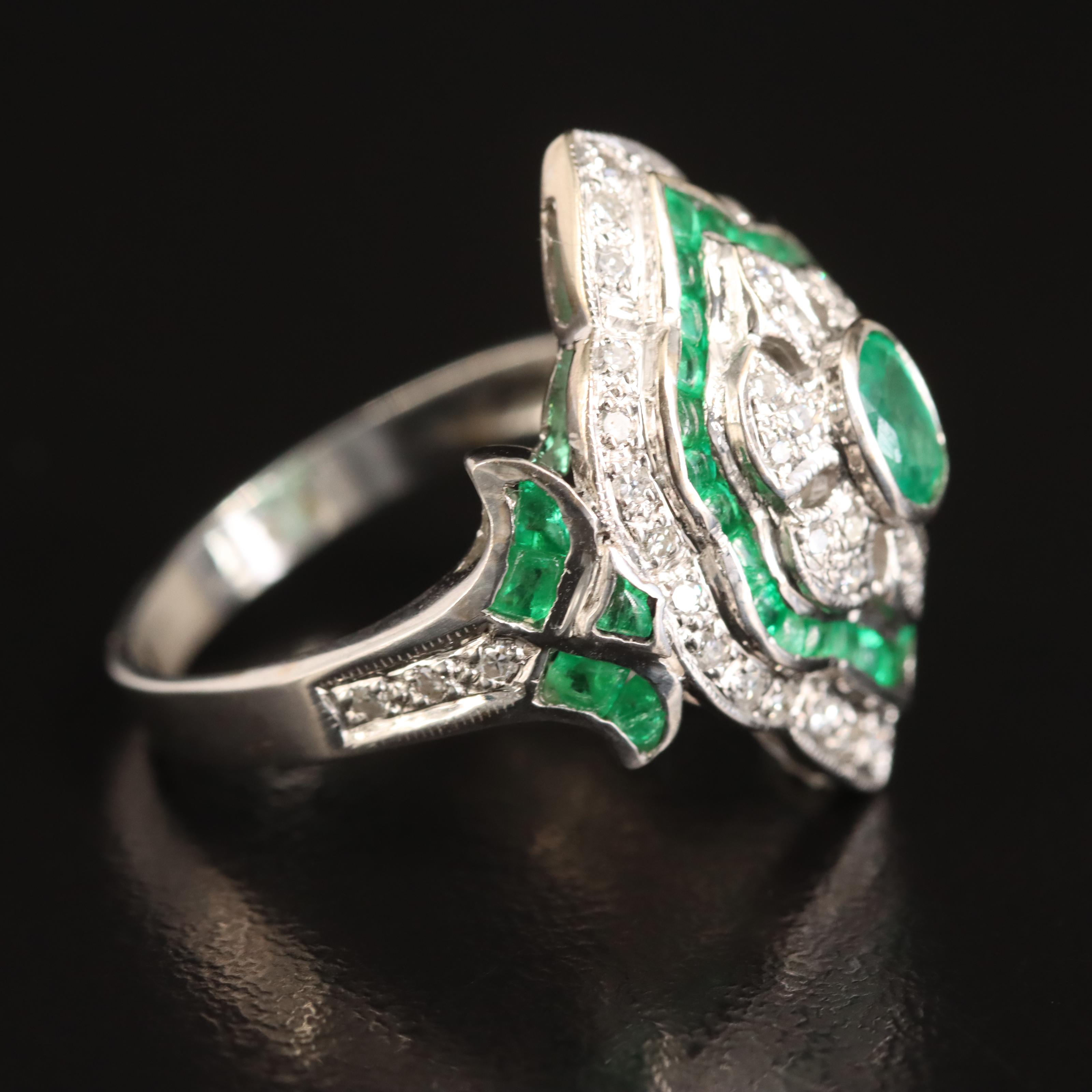 14K Emerald and Diamond Octahedral Openwork Ring