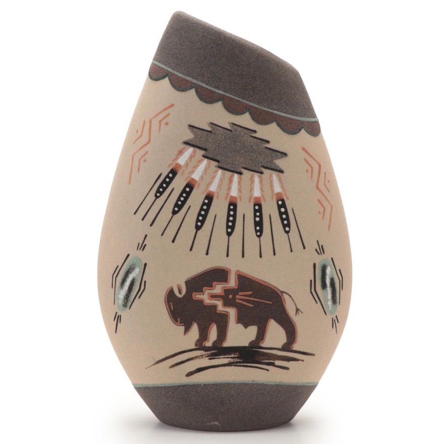 Signed Navajo Style Sand-Painted Art Pottery Buffalo Vase