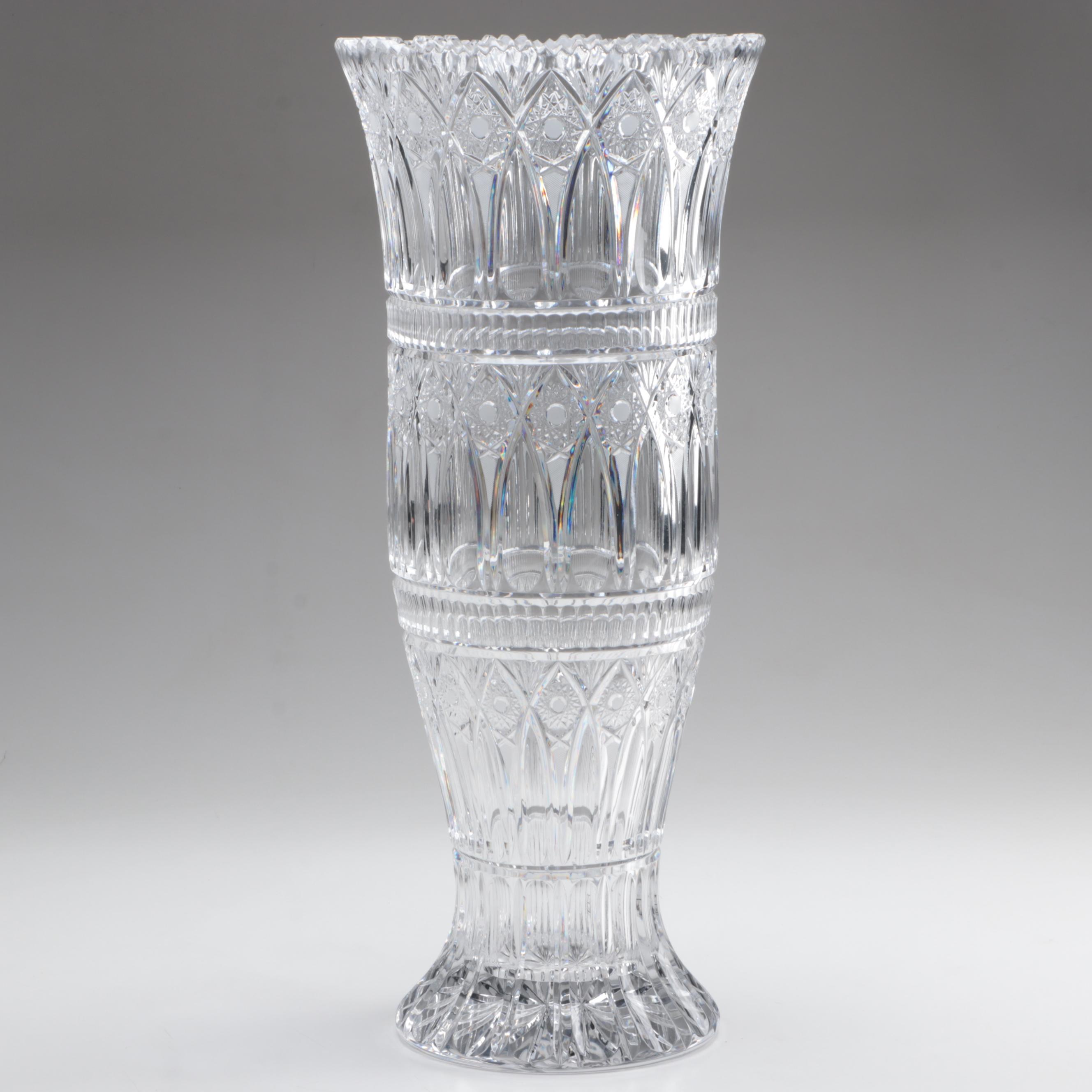 Signed Monumental Bohemian Hobstar Cut Crystal Vase