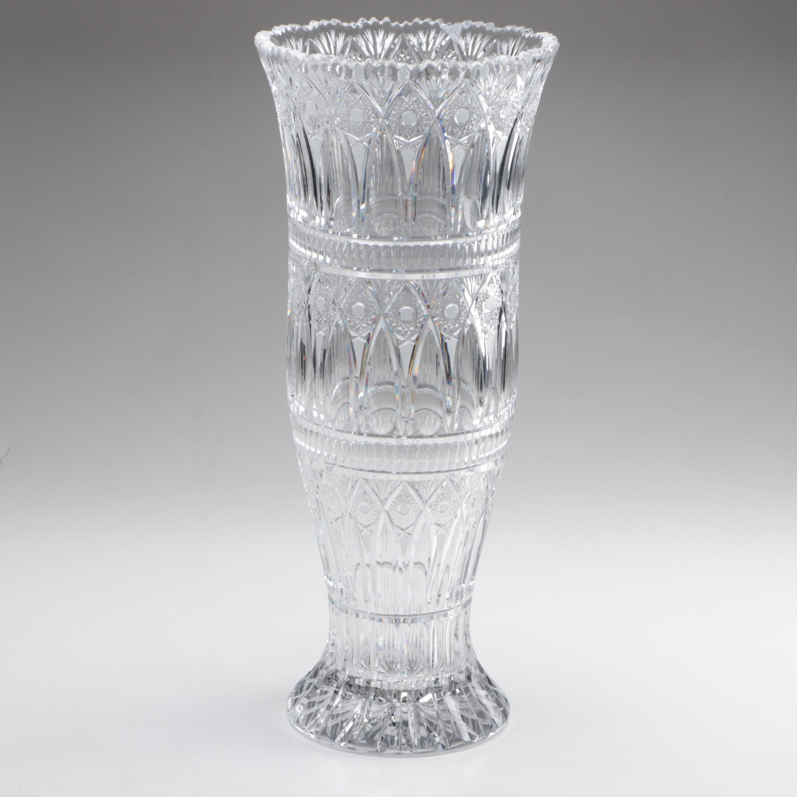 Signed Monumental Bohemian Hobstar Cut Crystal Vase