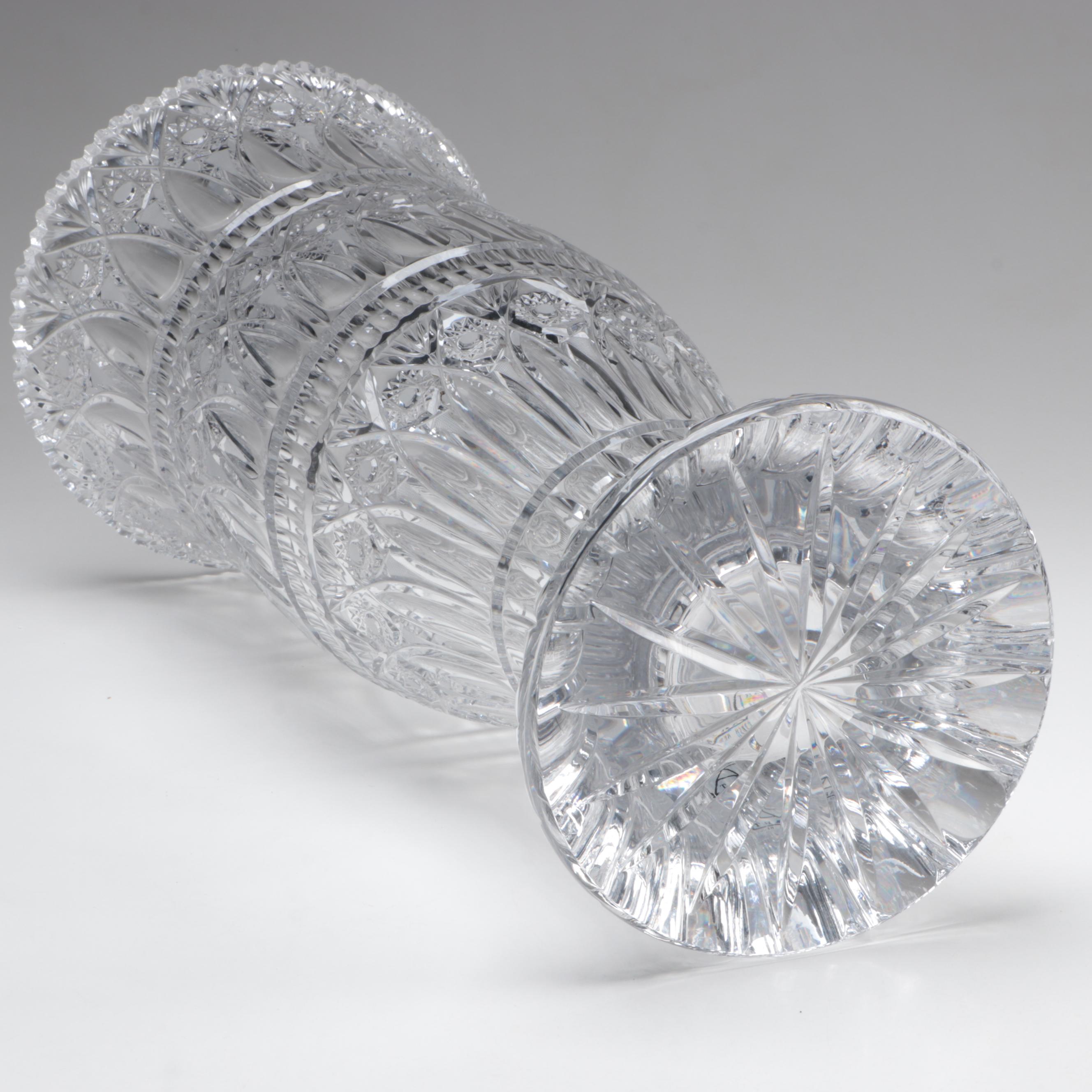 Signed Monumental Bohemian Hobstar Cut Crystal Vase