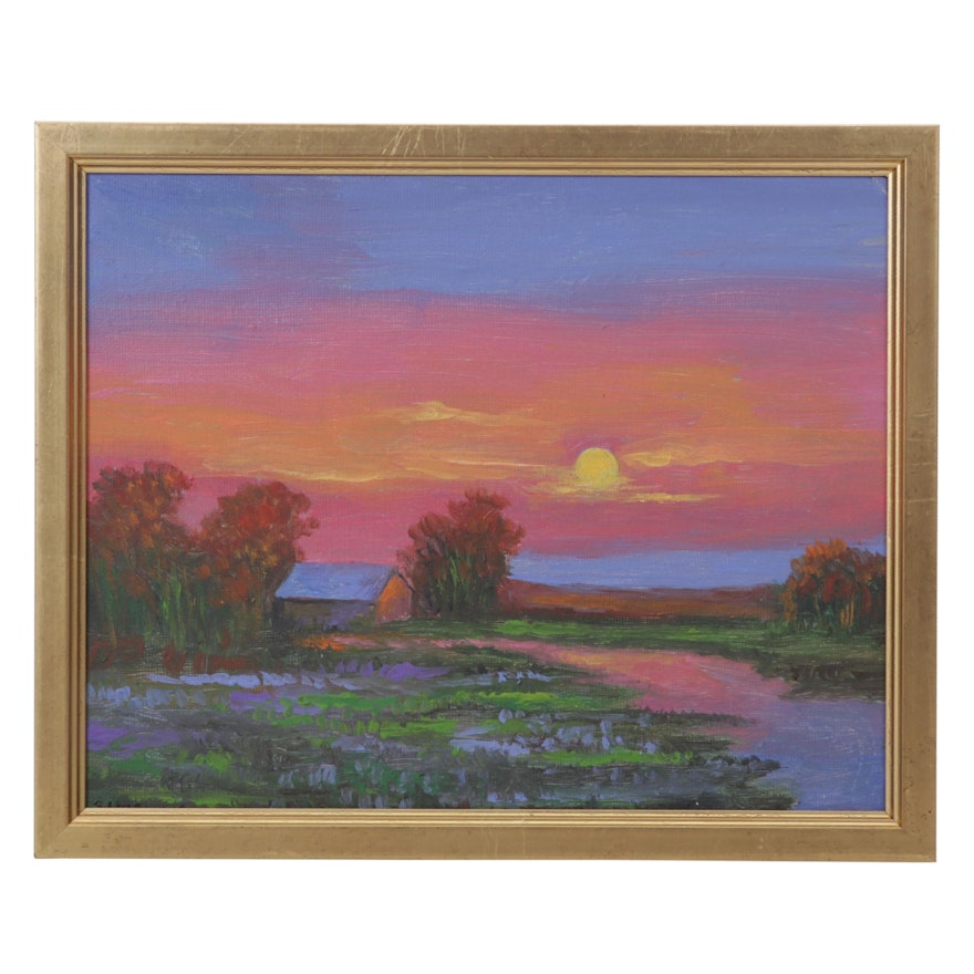 Sulmaz H. Radvand Oil Painting of Sunset Over Countryside, 21st Century