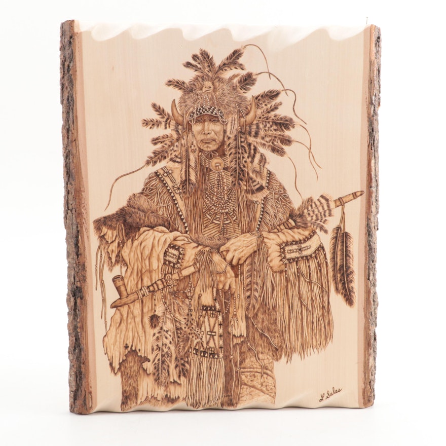 Linda Sales Wood Burning Composition of a Native American Man, 2006