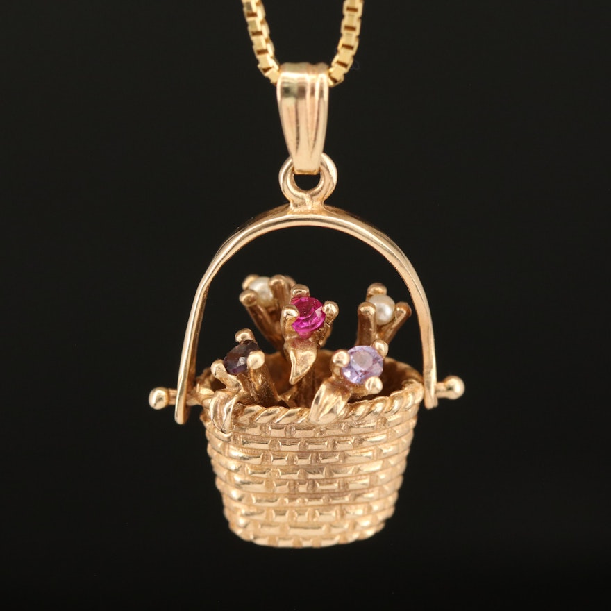 14K Faux Pearl and Spinel Tulip Basket Pendant Necklace