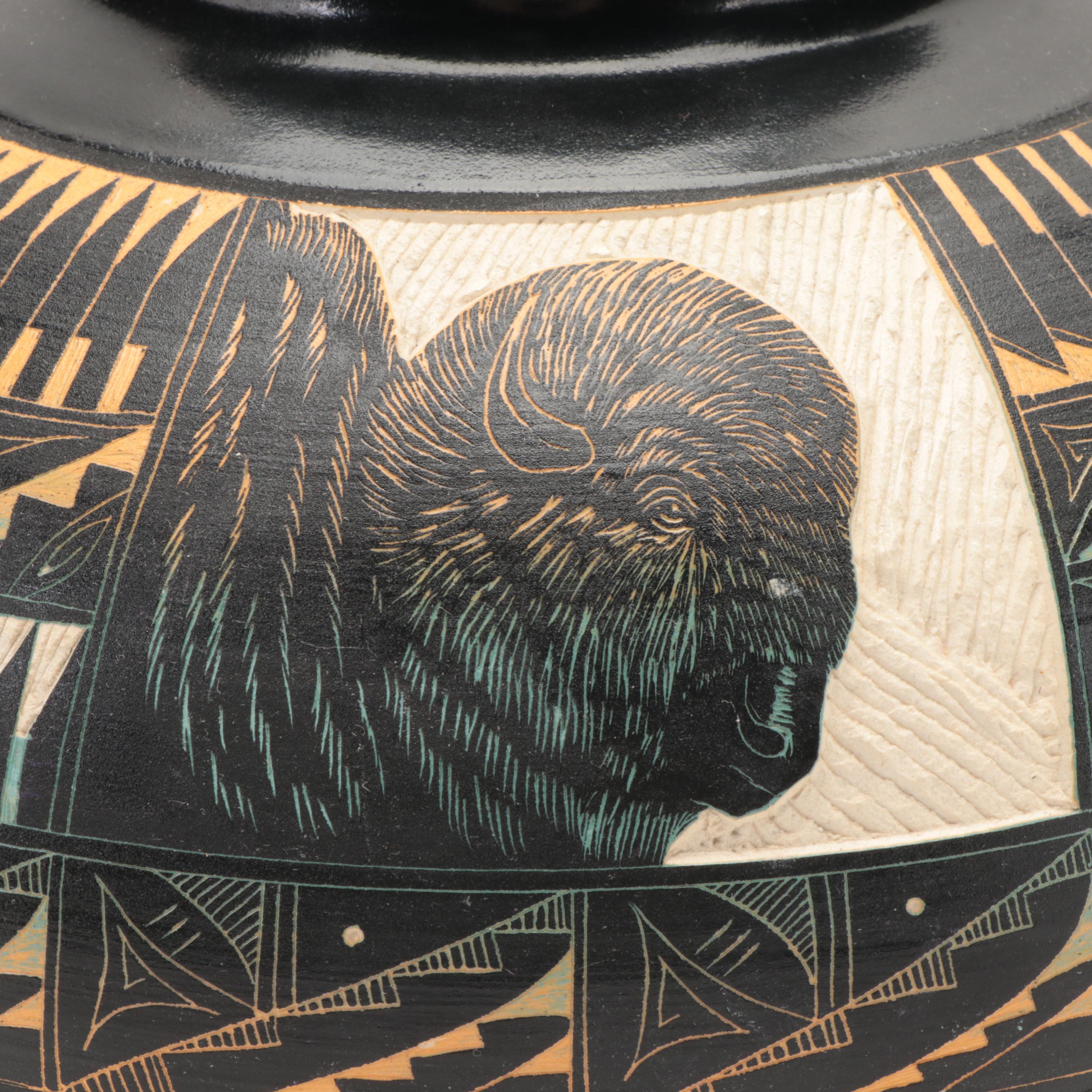 Signed K. Yazzie Navajo Diné Hand-Painted Sgraffito Pottery Olla