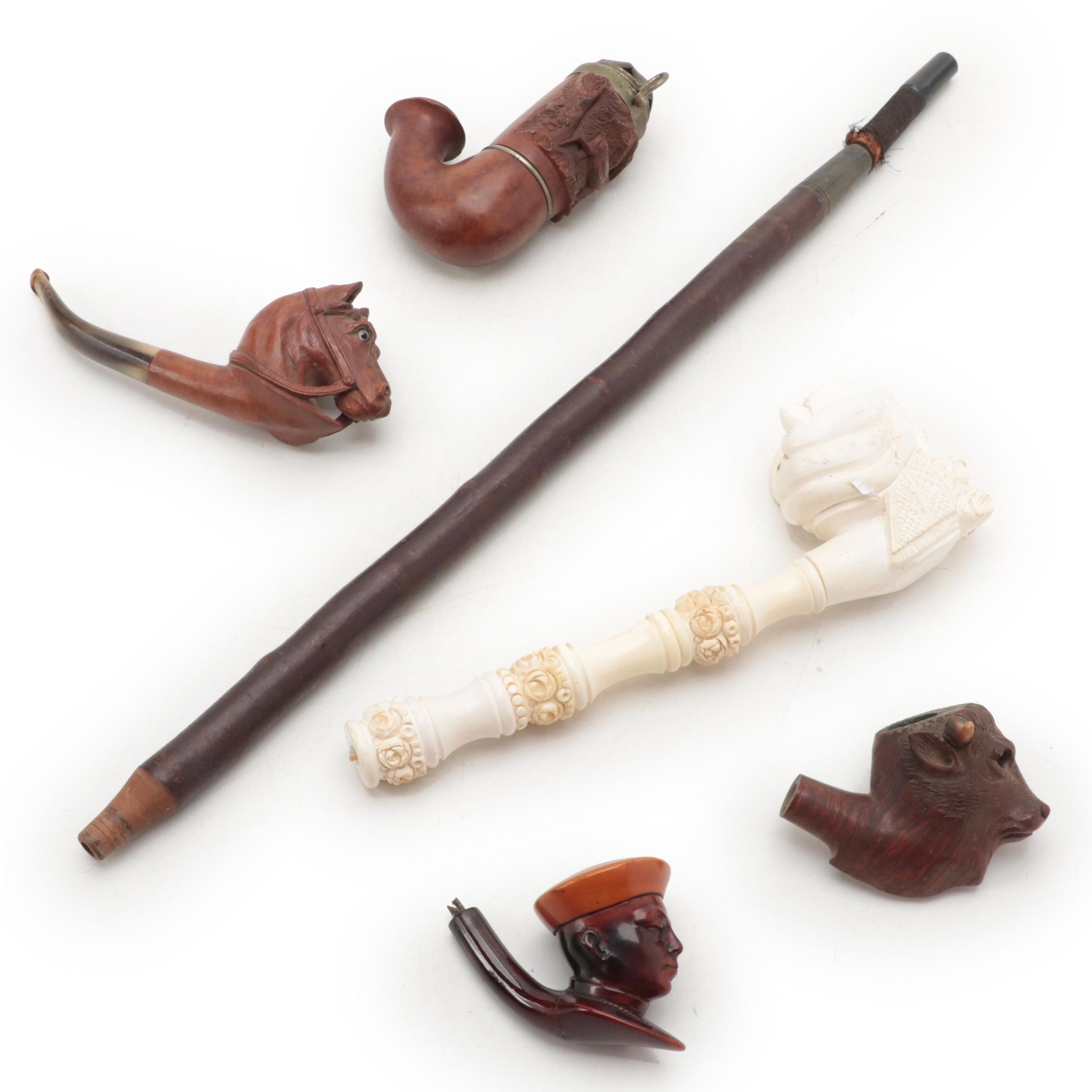 German Black Forest Carved Wood Meerschaum Pipe with Other Figural Pipes
