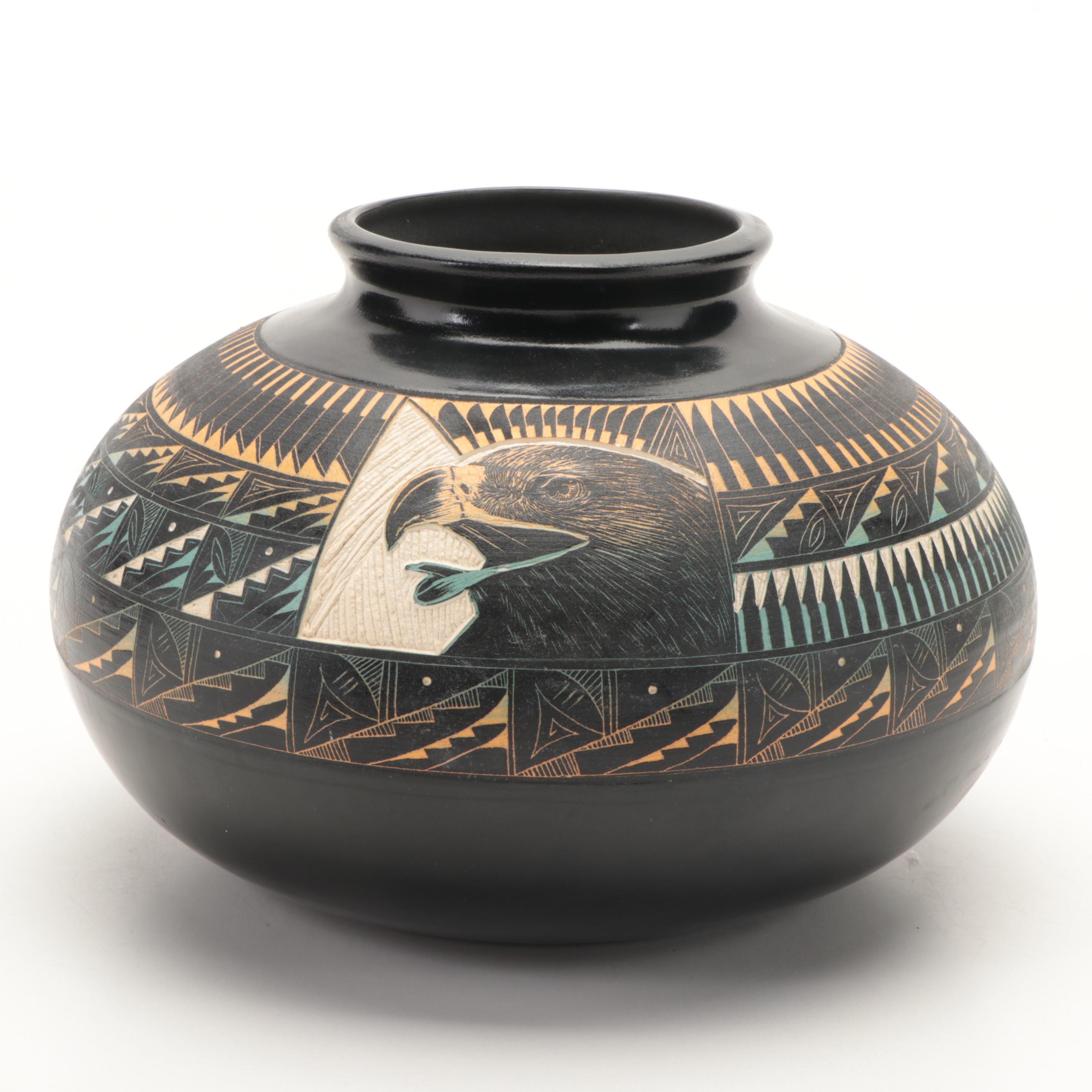 Signed K. Yazzie Navajo Diné Hand-Painted Sgraffito Pottery Olla