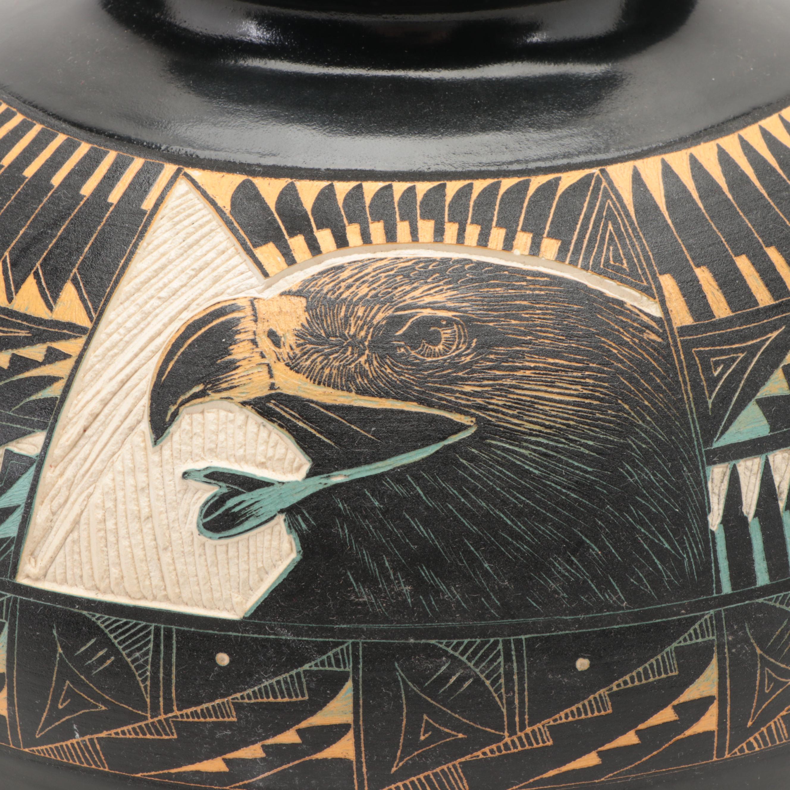 Signed K. Yazzie Navajo Diné Hand-Painted Sgraffito Pottery Olla